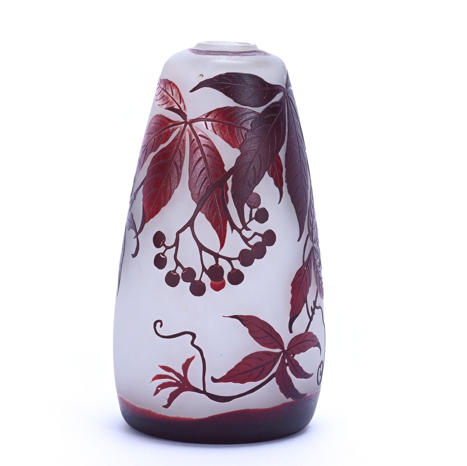 Vase, Signed Muller Fres Luneville: Vase, Signed Muller Fres Luneville, 5.5 x 3 x 3 Inches, French Cameo Art Glass, Frosted White Ground With Amethyst Cameo Cutback Leaf And Berry Overlay, 0.7 Pounds, Lena Salardino Collection,
