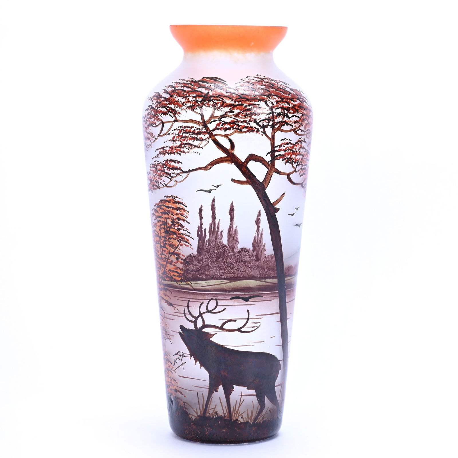 Vase, Signed Joma (Joma Montreuil), Circa 1925 To 1935: Vase, Signed Joma (Joma Montreuil), Circa 1925 To 1935, 11.25 x 4.75 x 4.75 Inches, Enamel Art Glass, Frosted Ground With Enamel Stag, Lake, And Mountain Scenic Decor, 1.5 Pounds, Lena Salardino