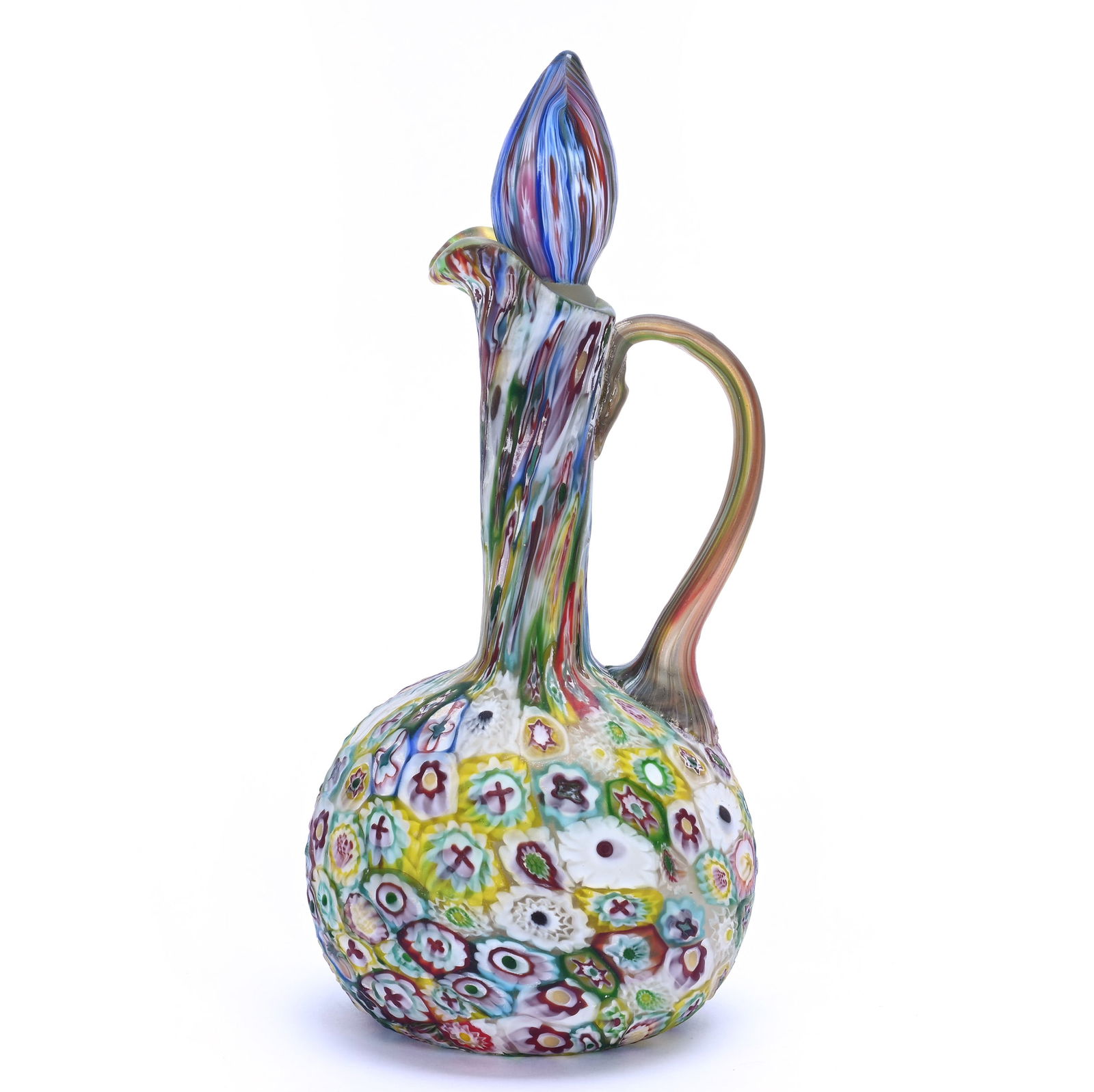 Cruet Bottle, Italian Millefiori Art Glass: Cruet Bottle, Italian Millefiori Art Glass, 7.5 x 3.5 x 3.5 Inches, Hard To See Handle Crack, 0.6 Pounds, Lena Salardino Collection, Missouri.