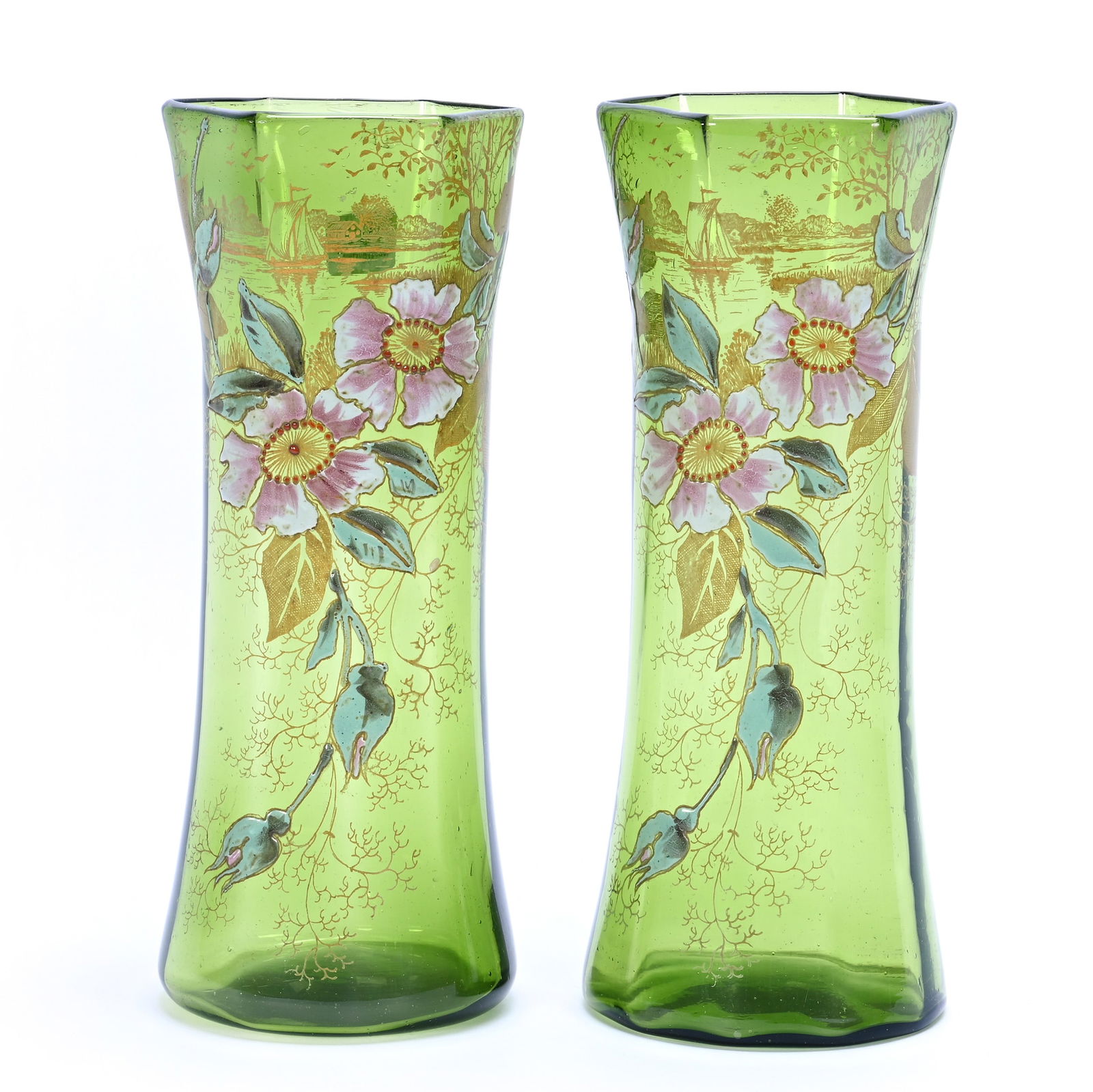 Pair Vases, Unmarked Mont Joye Style Art Glass: Pair Vases, Unmarked Mont Joye Style Art Glass, 11 x 4.25 x 4.25 Inches, Green With Enamel Floral Decor, Gold Stencil Sailboat Design Background, 2.7 Pounds, Lena Salardino Collection, Missouri.
