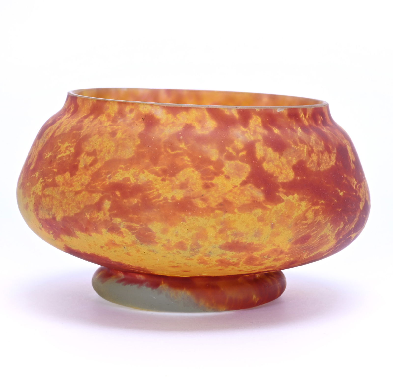 Bowl, Signed Daum Nancy French Art Glass: Bowl, Signed Daum Nancy French Art Glass, 3.25 x 5.5 x 5.5 Inches, Yellow And Orange Mottled Ground, Minor Rim Polish, 1.4 Pounds, Lena Salardino Collection, Missouri.