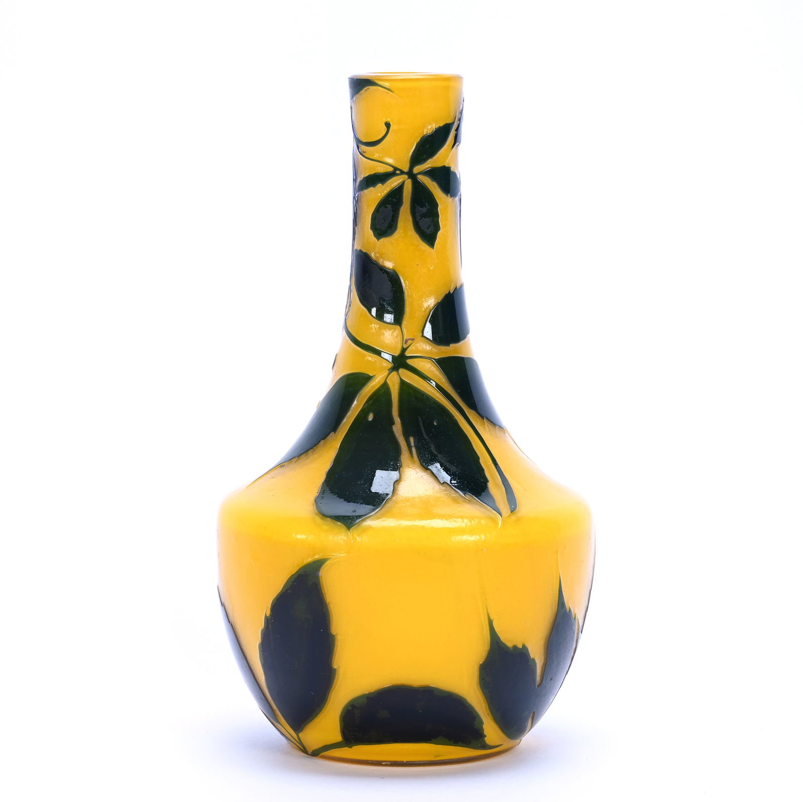 Vase, Signed A Ducobu (Adelson Emile Ducobu): Vase, Signed A Ducobu (Adelson Emile Ducobu), 5.75 x 3.25 x 3.25 Inches, French Art Glass, Orange Background With Black Carved Cameo Leaf And Berry Overlay, Possible Rim Trim, 0.4 Pounds, Lena