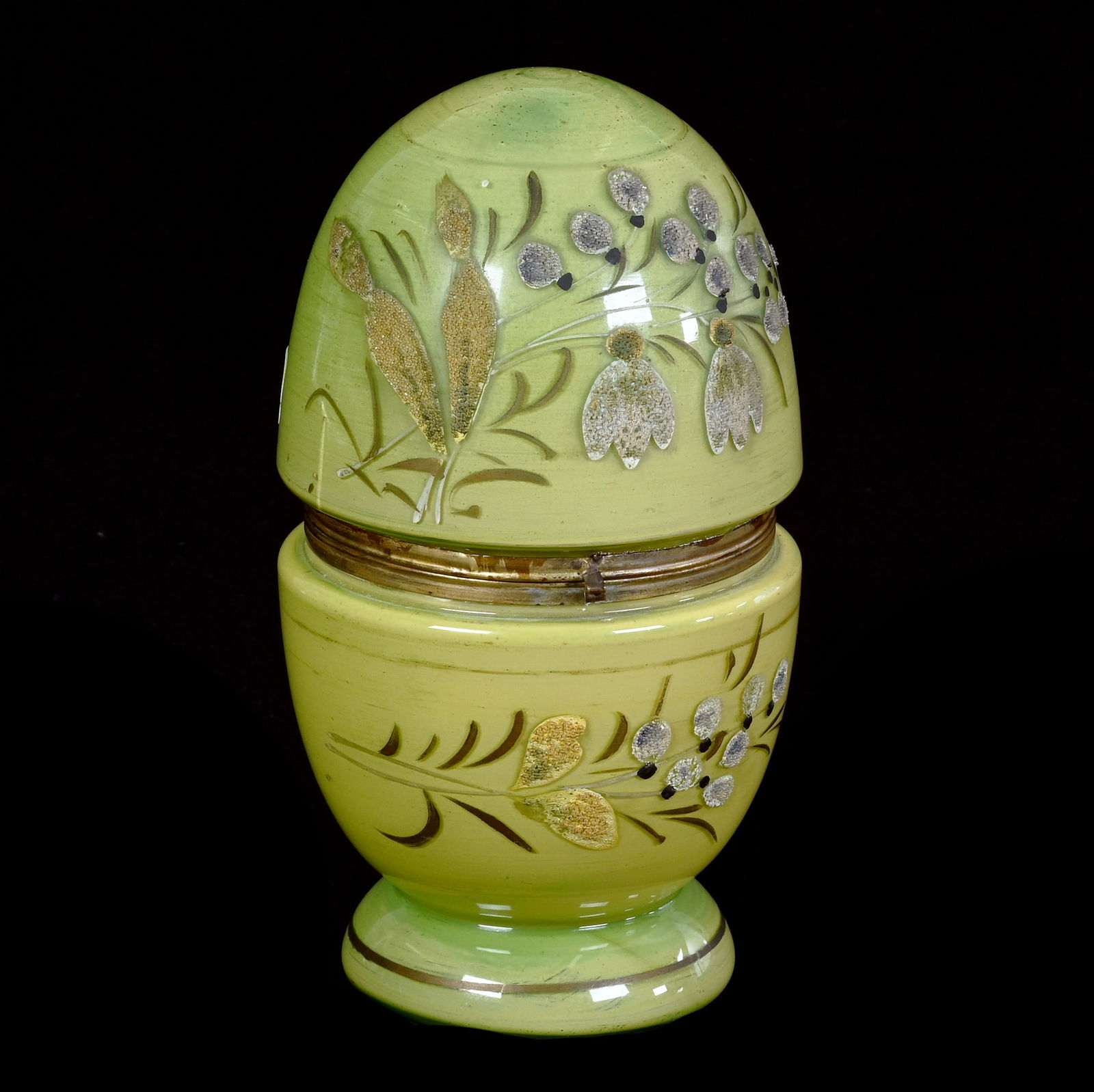 Communion Set, Czechoslovakia Art Glass, Egg Shaped: Communion Set, Czechoslovakia Art Glass, Egg Shaped, 9 x 4.75 x 4.75 Inches, Yellow And Green With Beaded Coralene Floral Decor, Has Original Decanter And (6) Cups, Lid Has A Two Inch Crack, 1.5 Pound