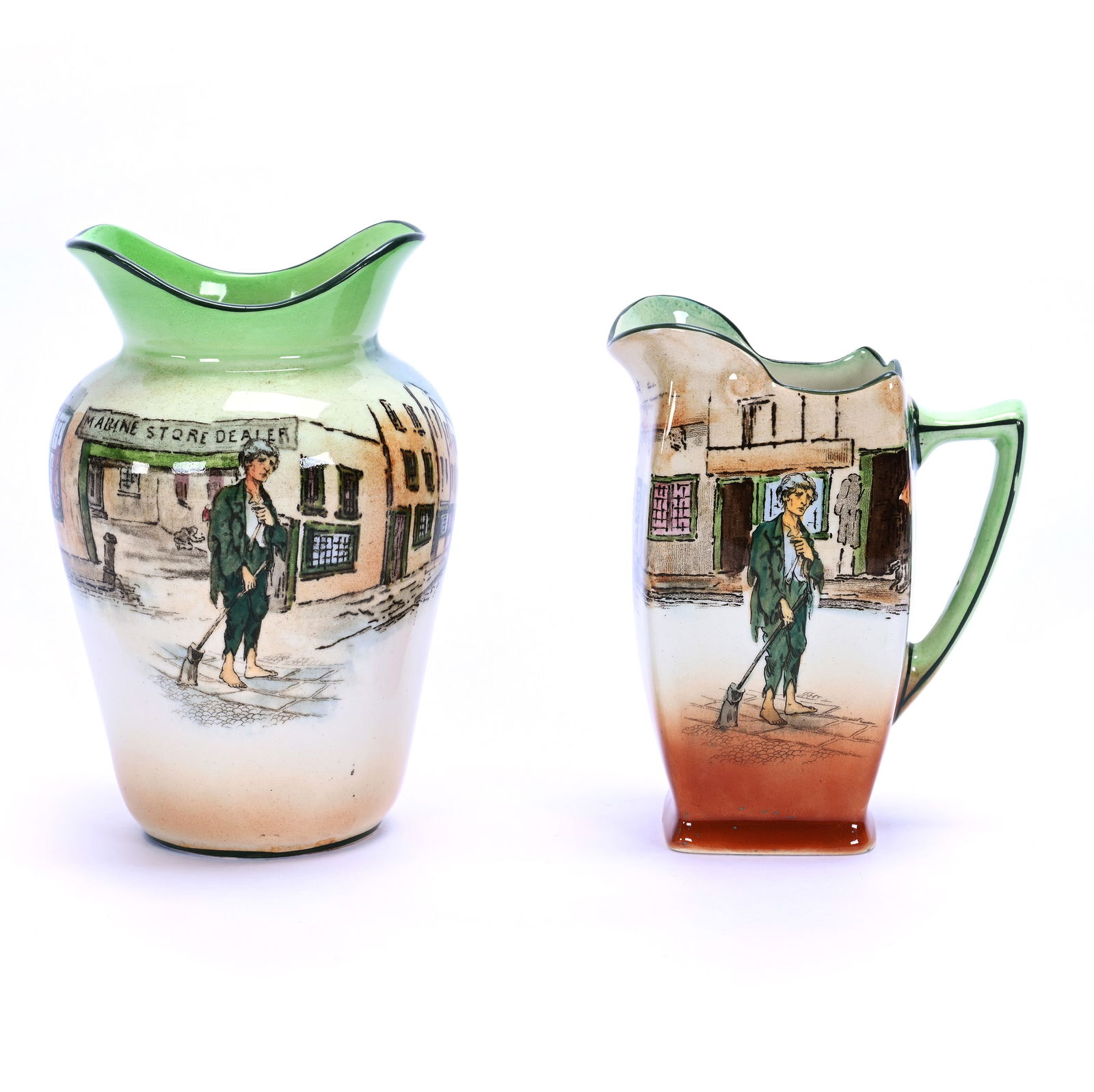 (2) Royal Doulton Dickensware Items, Featuring "Poor Jo": (2) Royal Doulton Dickensware Items, Featuring "Poor Jo", (1) 5.75" x 3.75" x 3.75" Vase, (1) 5" x 4" x 2.5" Pitcher, 1.1 Pounds, Private Collection, Kansas.