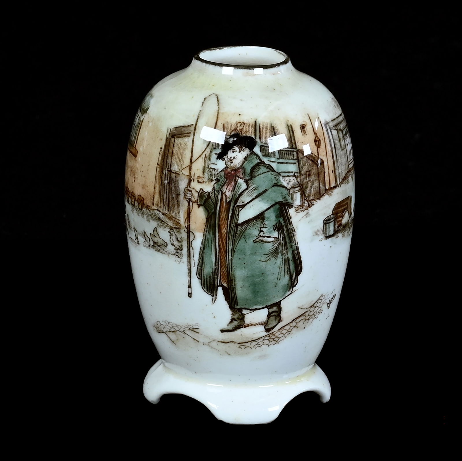 Miniature Vase, Marked Royal Doulton: Miniature Vase, Marked Royal Doulton, 3 x 2 x 2 Inches, Scenic Decor Featuring Tony Weller, 0.1 Pounds, Private Collection, Kansas.