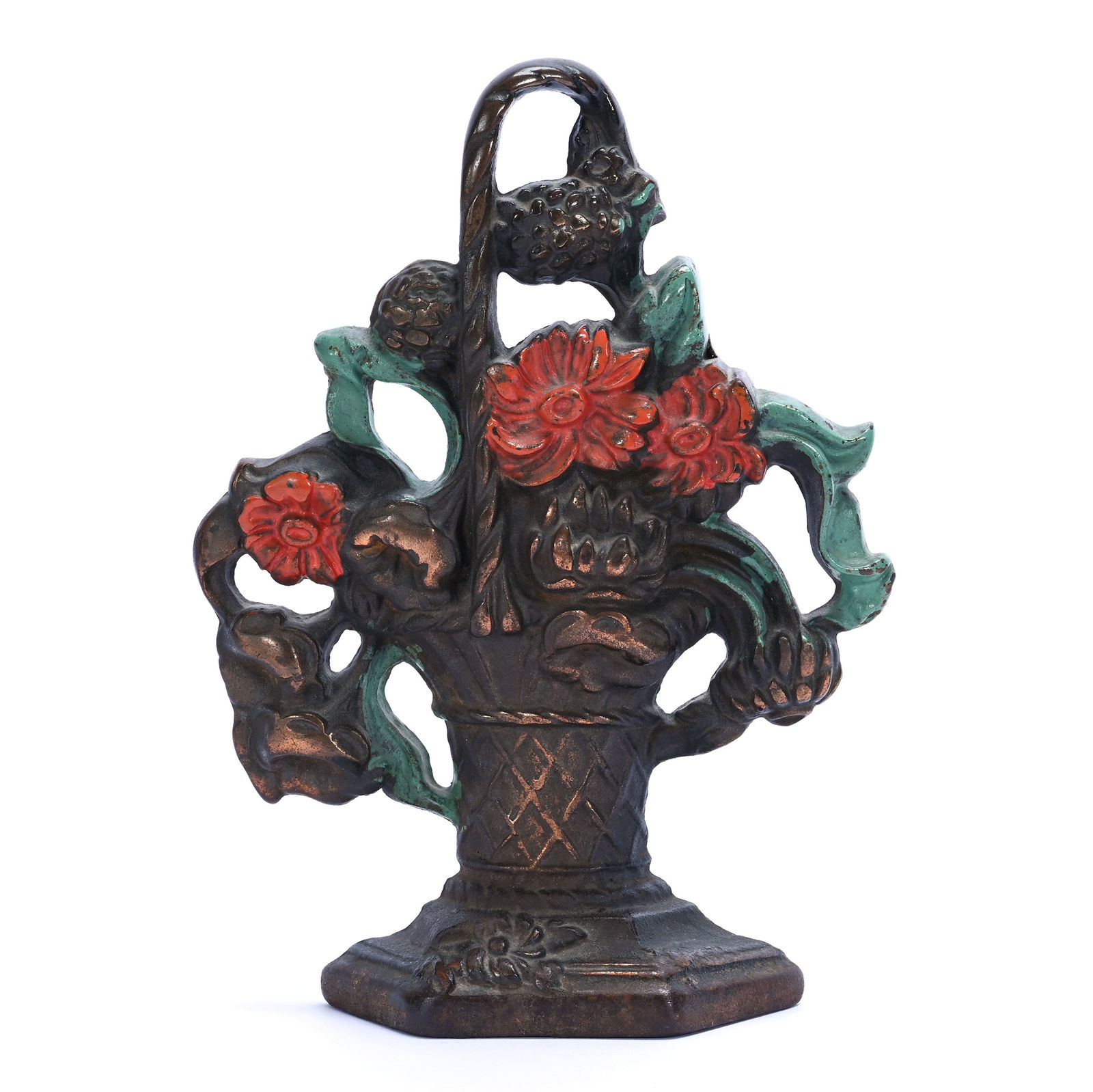 Cast Iron Door Stop, Attributed To Hubley: Cast Iron Door Stop, Attributed To Hubley, 9.25 x 6.75 x 1.75 Inches, Floral Basket Design, 4.3 Pounds, Private Collection, Kansas.
