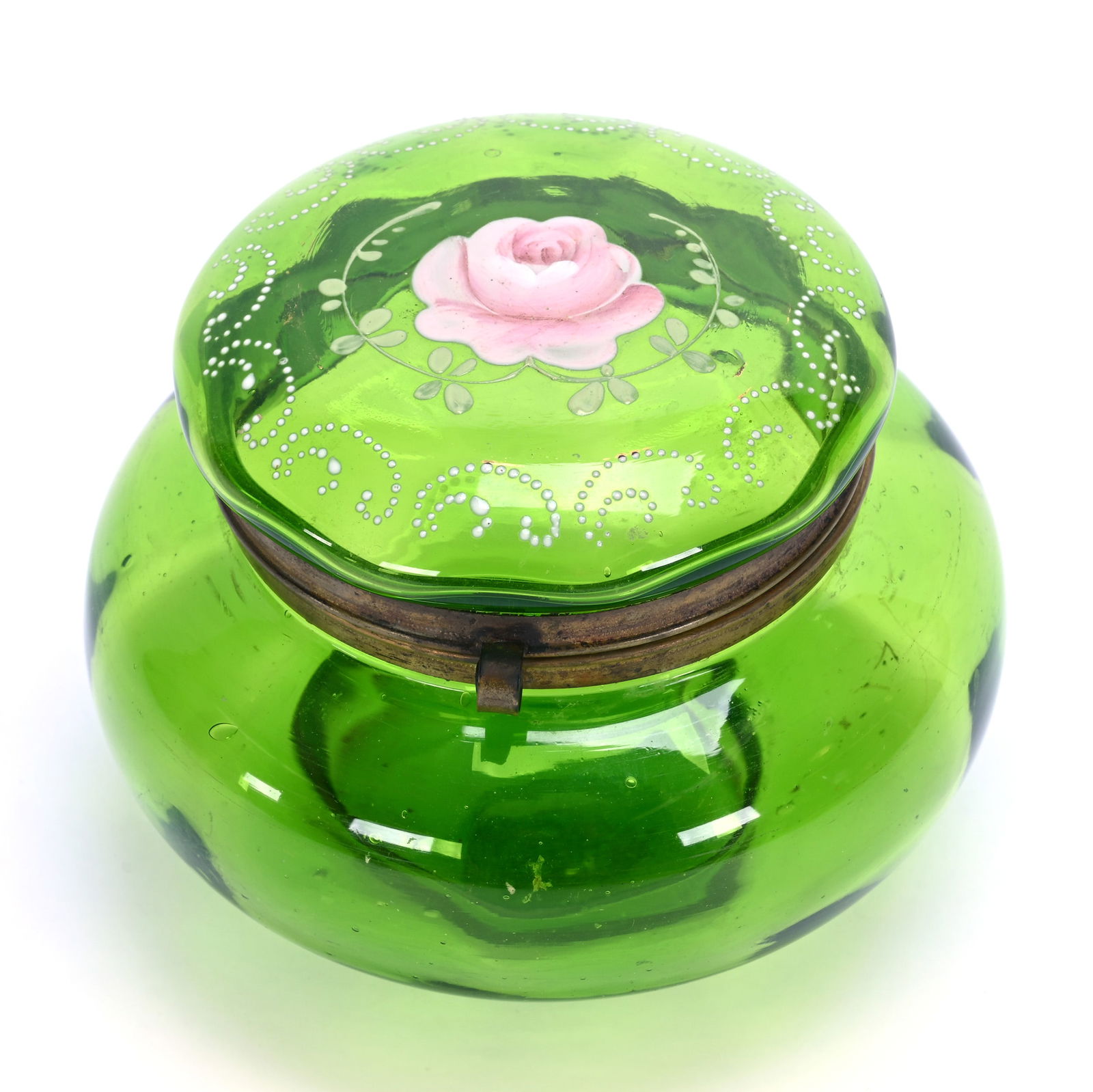 Jewel Box, Green Art Glass: Jewel Box, Green Art Glass, 3.5 x 4.5 x 4.5 Inches, Enamel Rose Decor, 0.5 Pounds, Private Collection, Kansas.