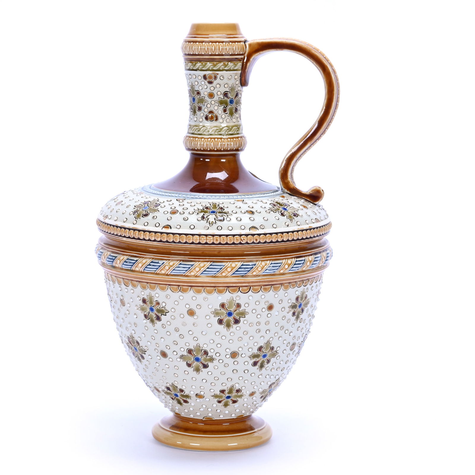 Handled Jug, Marked Mettlach #1328: Handled Jug, Marked Mettlach #1328, 7.75 x 4.5 x 4.5 Inches, Cream And Brown Tones With Textured Tapestry Design, 1.4 Pounds, Private Collection, Kansas.