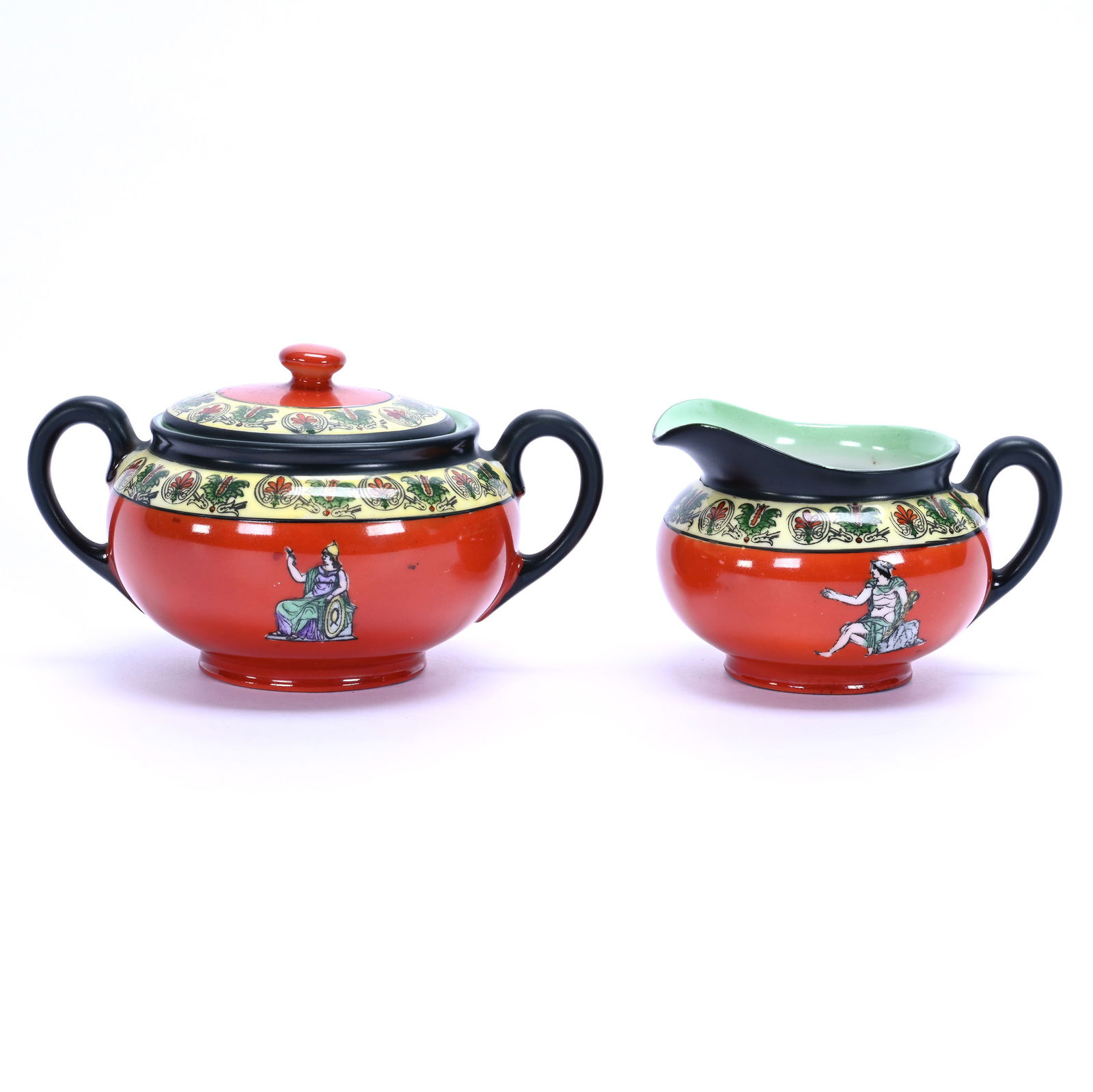 Creamer And Sugar, Royal Bayreuth Blue Mark: Creamer And Sugar, Royal Bayreuth Blue Mark, 3.25 x 5.5 x 4 Inches, Colorful Corinthian Pattern With Orange, Yellow, And Black Trim, 0.8 Pounds, Private Collection, Kansas.