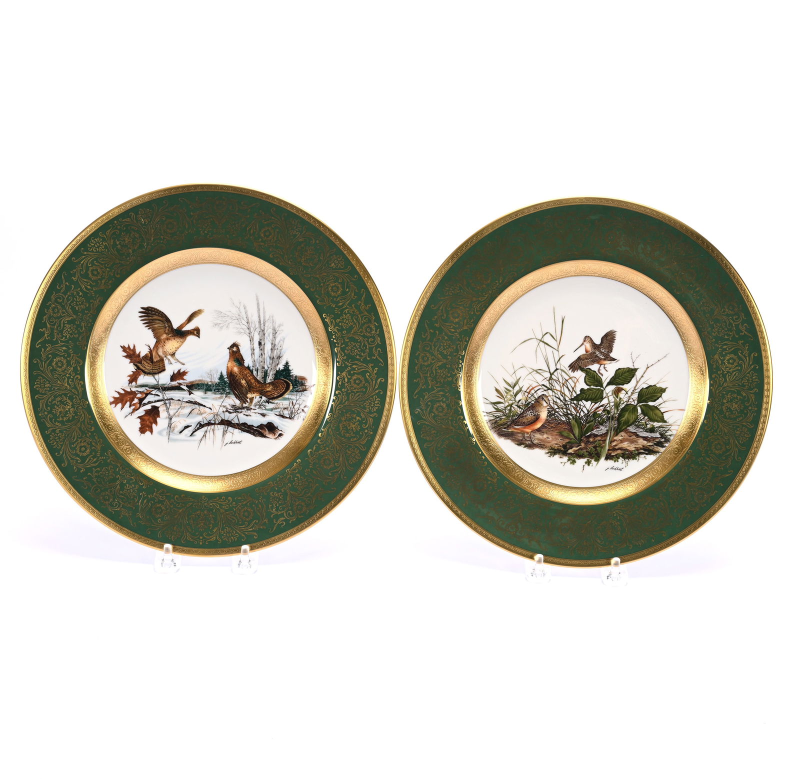 (2) 1970 Collector Plates Marked Pickard: (2) 1970 Collector Plates Marked Pickard, 12 x 12 x 1.5 Inches, Featuring Lockhart Birds, Dark Green Borders With Exceptional Gold Highlights, Both Are Limited Edition #886 Of 2000,In Original Boxes,