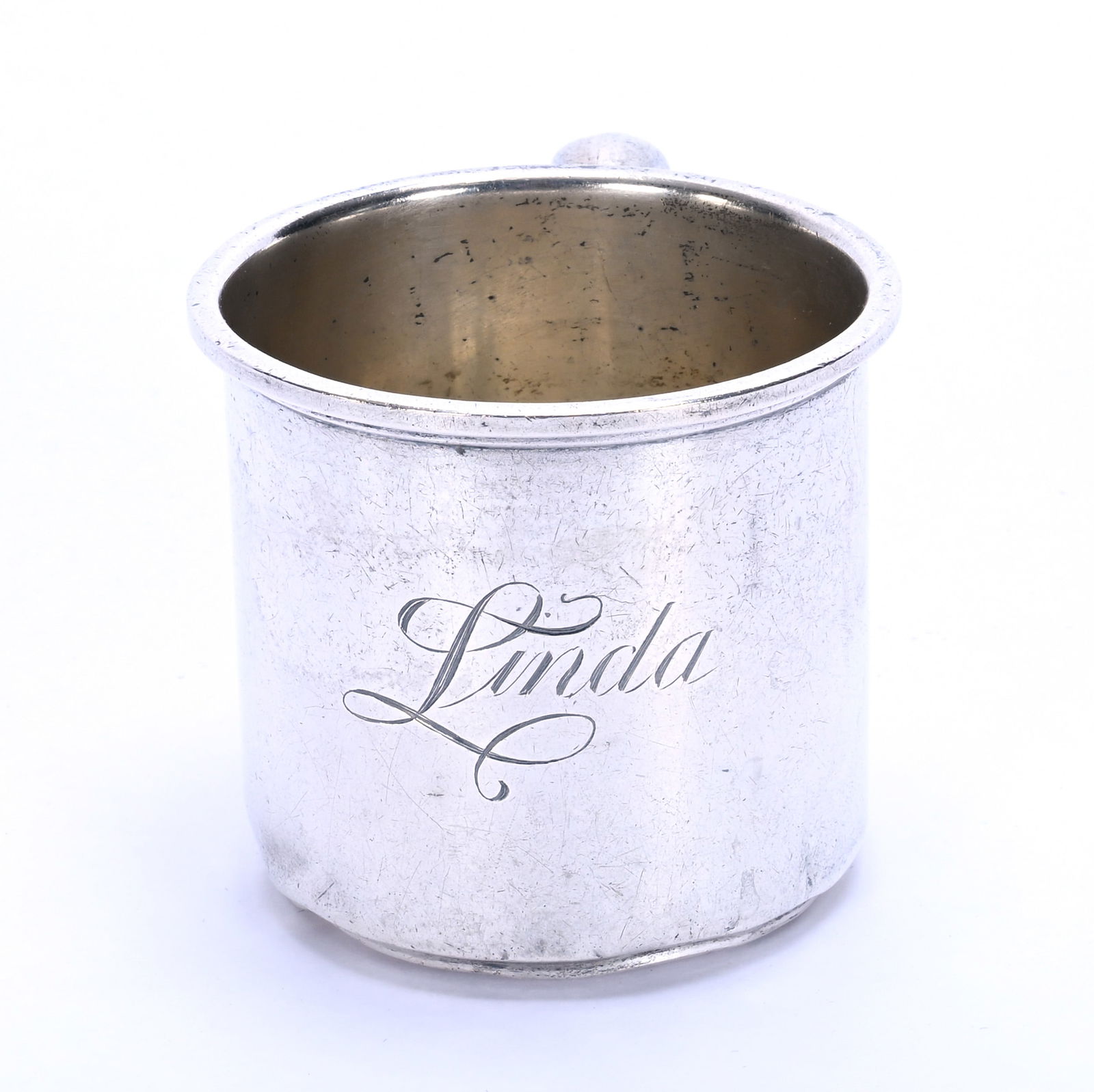 Mug, Solid Sterling Silver Marked Webster Company: Mug, Solid Sterling Silver Marked Webster Company, 2.5 x 4 x 2.75 Inches, Engraved "Linda", Some Dents Around Bottom Edge, 85 Grams, Colorado Private Collection.