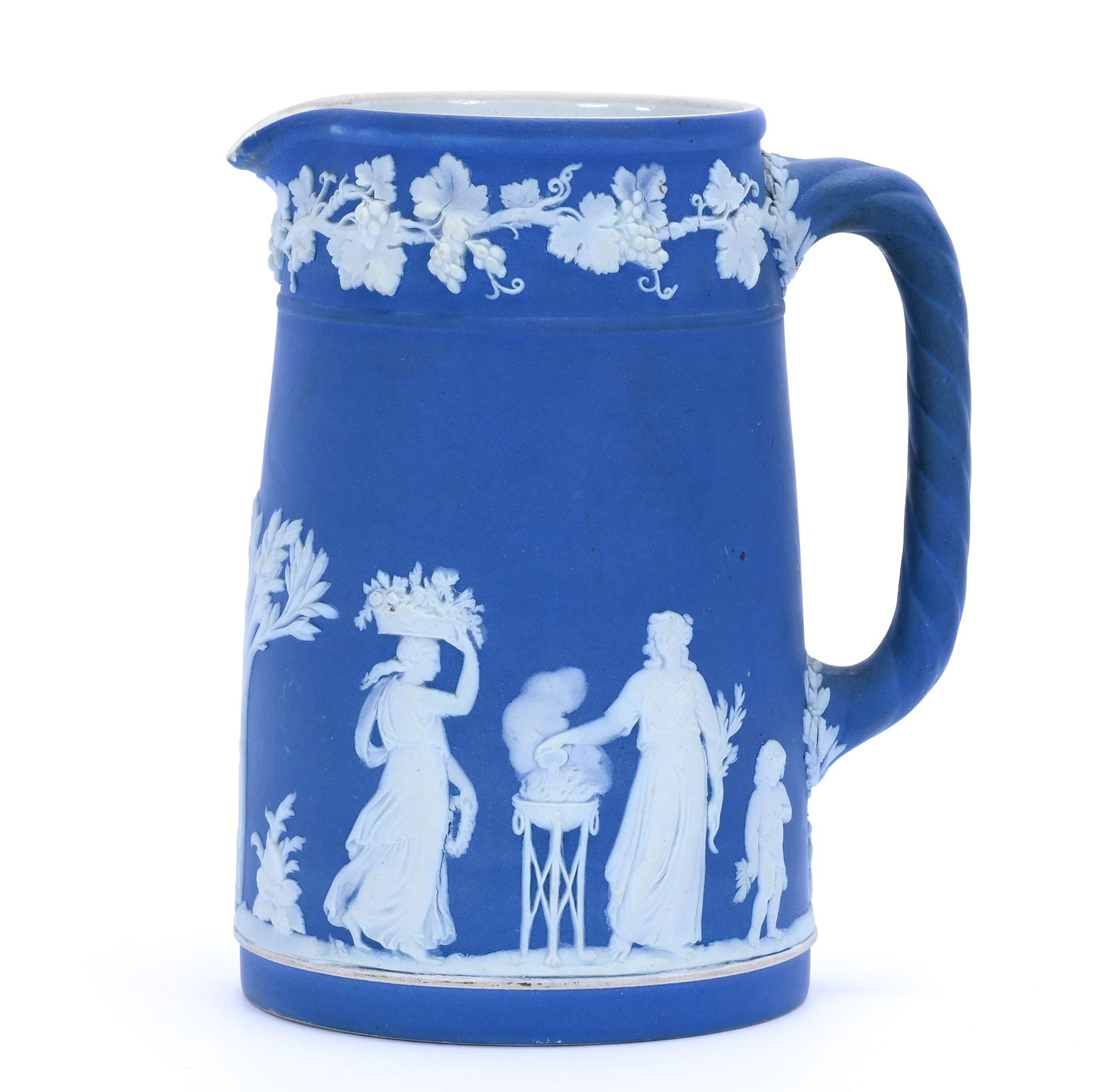 Pitcher, Marked Wedgwood: Pitcher, Marked Wedgwood, 5.5 x 4.5 x 3.5 Inches, Classic Blue And White With Scenic Relief Decor, 1.1 Pounds, Colorado Private Collection.