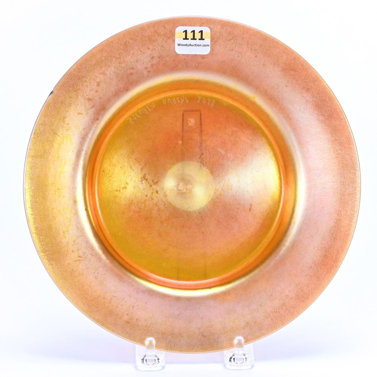 Plate, Marked Steuben Aurene #2028: Plate, Marked Steuben Aurene #2028, 8.5 x 8.5 x 0.75 Inches, Gold Iridescent Art Glass, Hard To See Rim Chip, 0.8 Pounds, Colorado Private Collection.