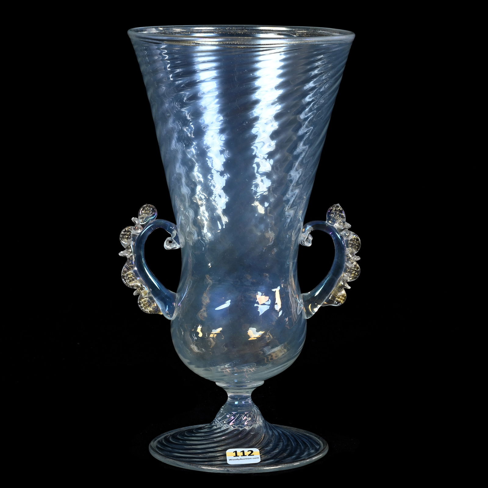 Pedestal Two Handled Vase, Italian Murano Glass: Pedestal Two Handled Vase, Italian Murano Glass, 11.25 x 6.5 x 6 Inches, Clear, Faint Opalescent Swirl Body With Applied Handles, 1.4 Pounds, Colorado Private Collection.