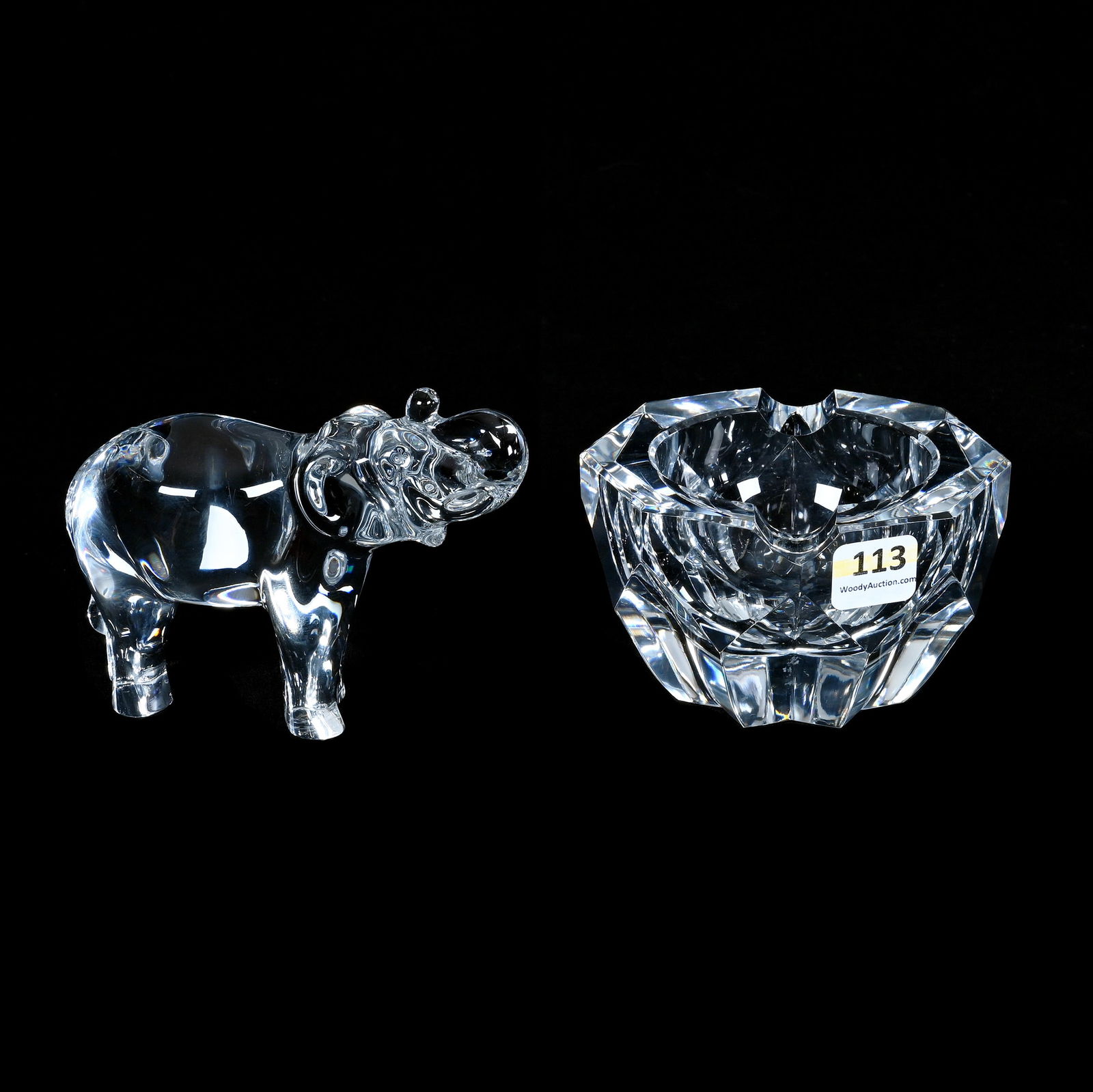 (2) Marked Baccarat Crystal Art Glass Items: (2) Marked Baccarat Crystal Art Glass Items, (1) 3.5" x 5" x 1.75" Elephant Figurine, (1) 4.25" x 4.25" x 2.5" Geometric Ashtray, 2.7 Pounds, Colorado Private Collection.