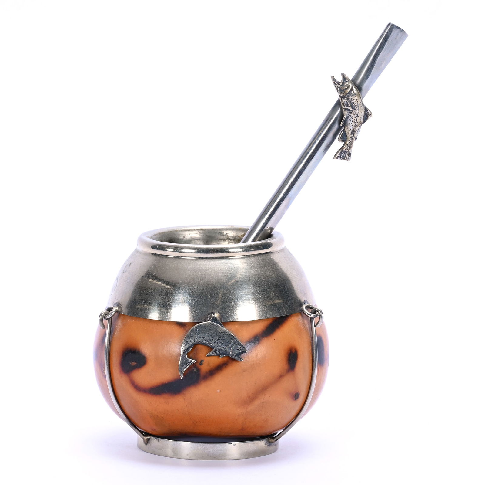 Yurba Tea Cup With Straw: Yurba Tea Cup With Straw, 3 x 3.25 x 3.25 Inches, Decorative Gourd Body With Alpaca (Nickel) Silver Frame Featuring A Fish, Matching Traditional Straw Measuring 6.25", 0.2 Pounds, Colorado Private Col