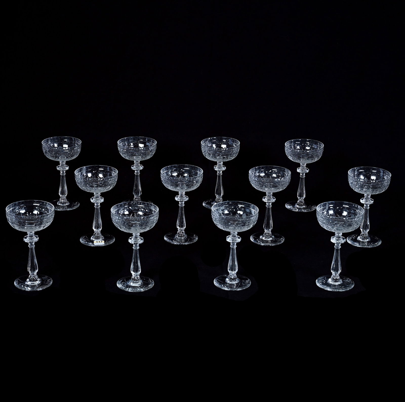 (12) Champagnes , Frontenac Pattern, Libbey Glass Cut By Rock Sharpe (1 of 3)