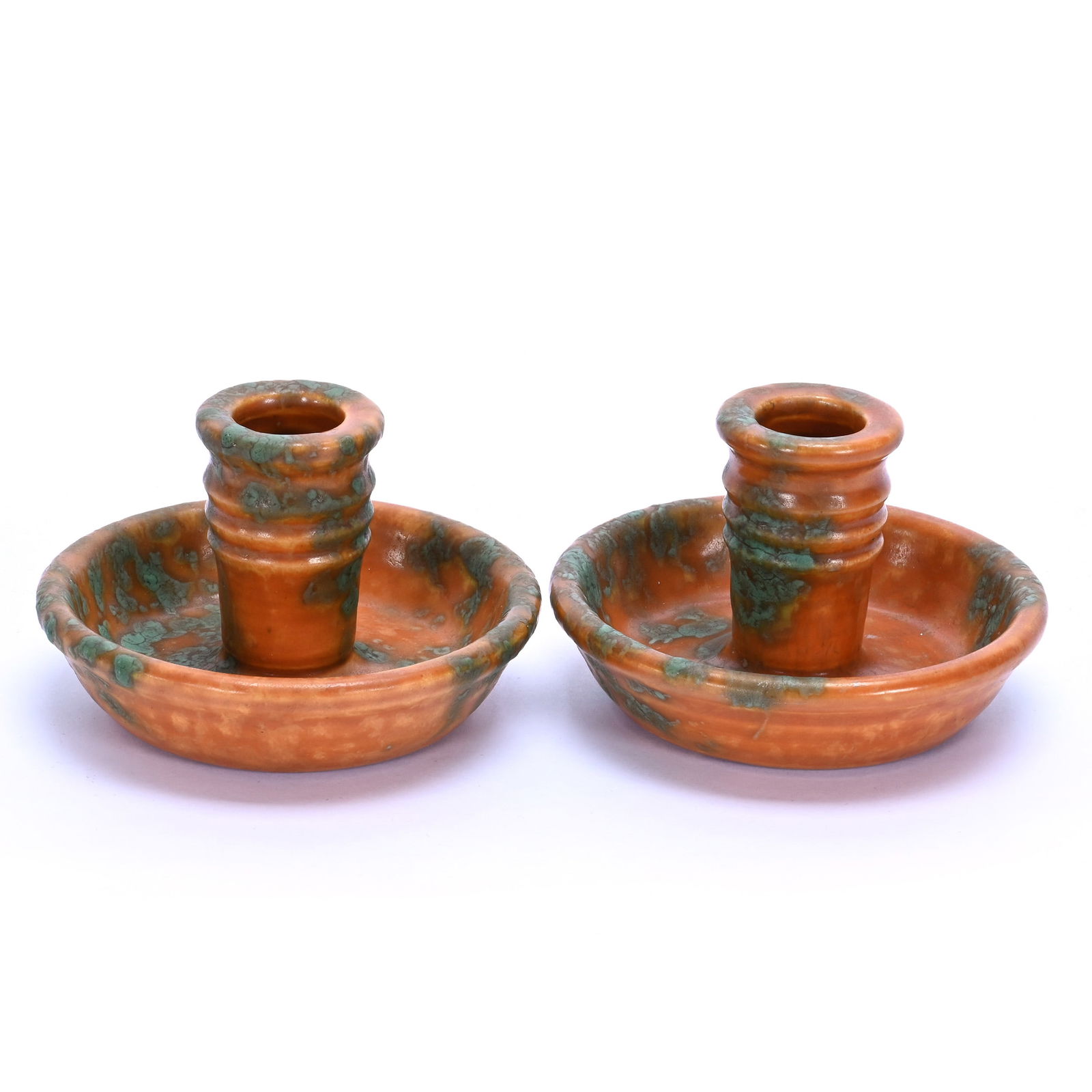 Pair Candlestick Holders, Unmarked Roseville Art Pottery: Pair Candlestick Holders, Unmarked Roseville Art Pottery, 2.75 x 4.25 x 4.25 Inches, Imperial II Pattern, Orange And Green Mottled Design, Circa 1930s, 1 Pound, Steve Williams Collection, Oklahoma.