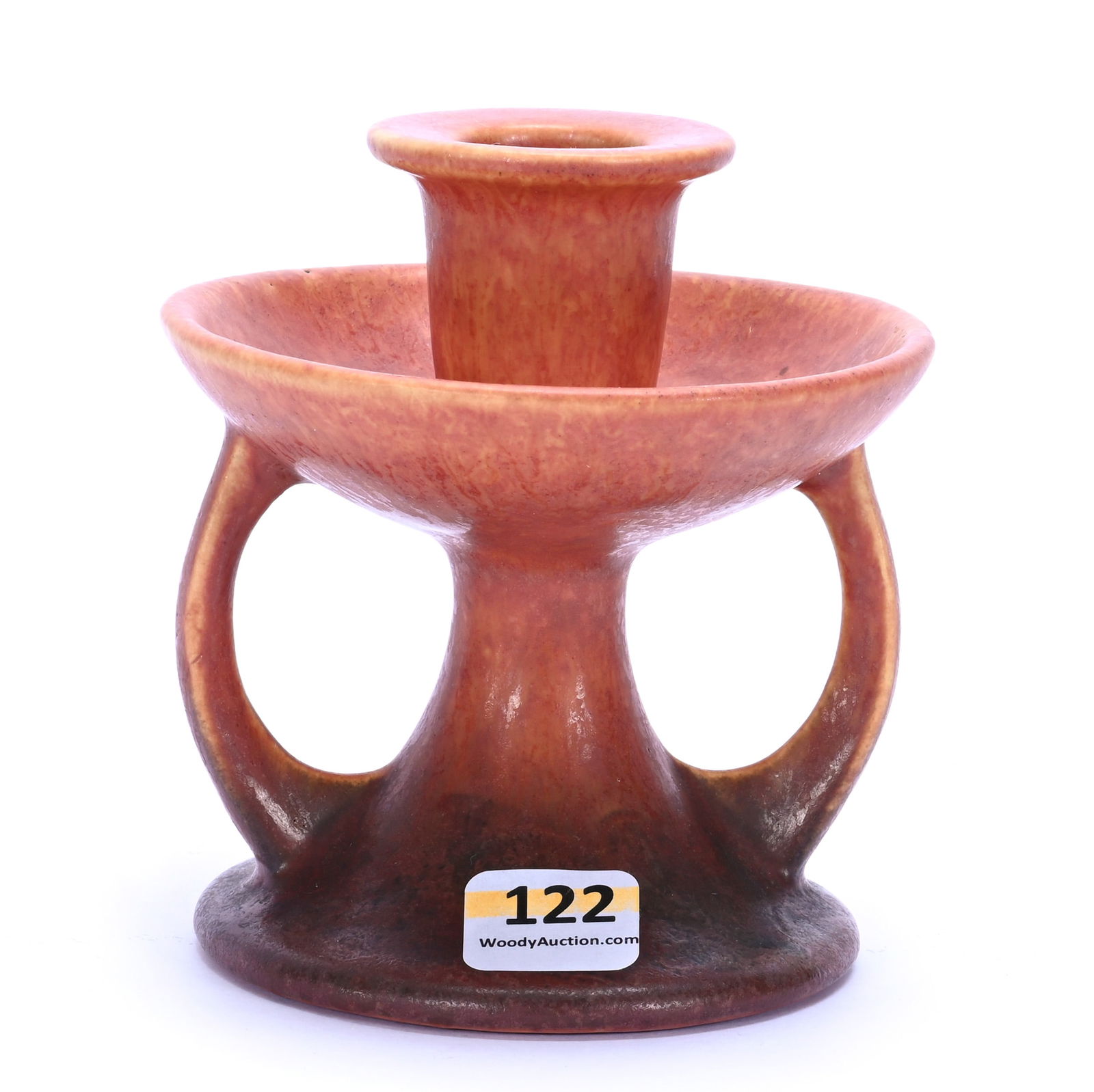 Two Handled Candlestick Holder, Unmarked Roseville Art Pottery: Two Handled Candlestick Holder, Unmarked Roseville Art Pottery, 4.25 x 4 x 4 Inches, Windsor Pattern, Brown Tones, Nice Form, Partial Original Label, 0.7 Pounds, Steve Williams Collection, Oklahoma.