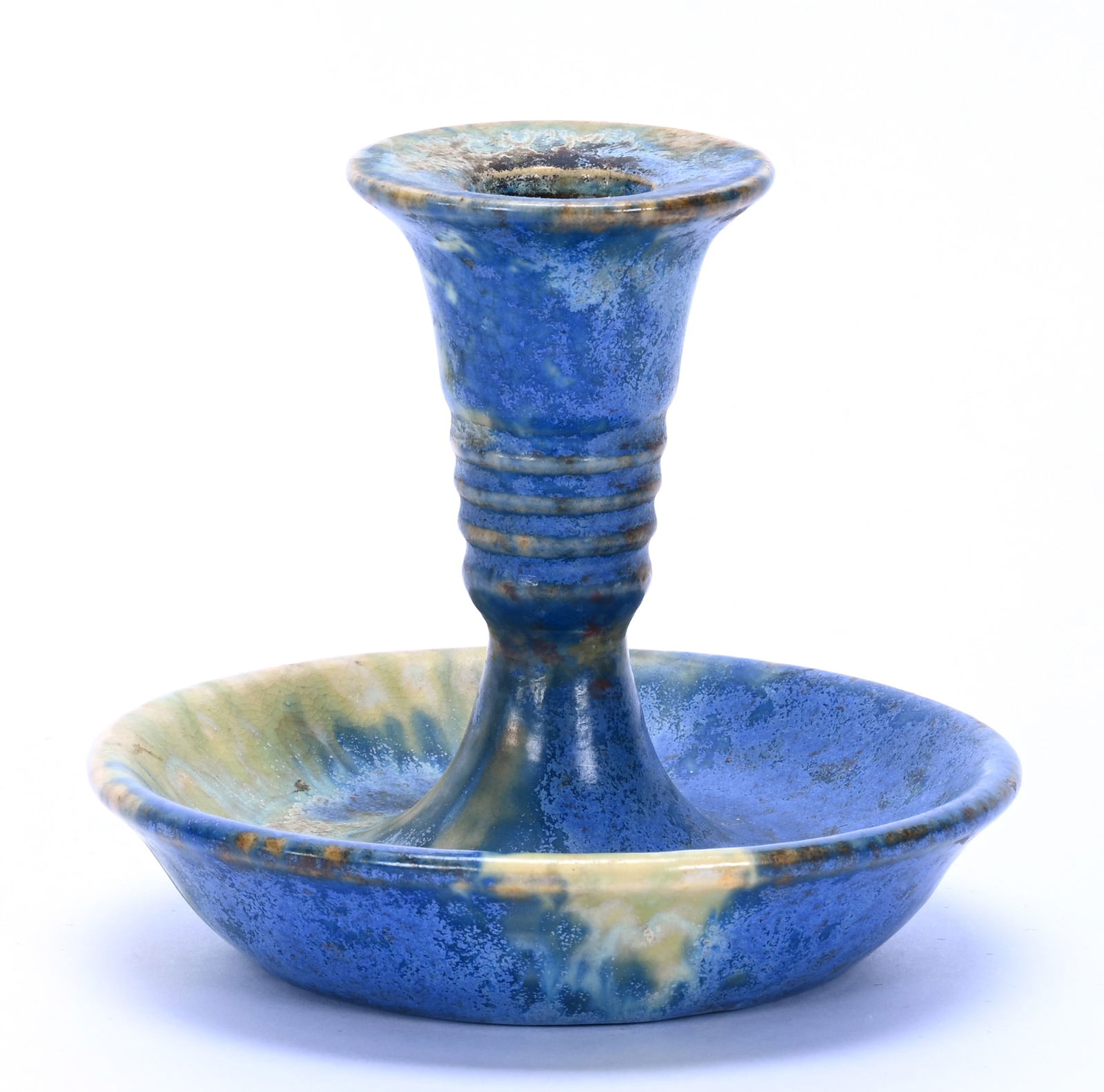 Candlestick Holder, Unmarked Roseville Art Pottery: Candlestick Holder, Unmarked Roseville Art Pottery, 4.25 x 5 x 5 Inches, Imperial II Pattern, Blue And Yellow Glaze, Circa 1930s, Original Paper Label, 0.8 Pounds, Steve Williams Collection, Oklahoma.