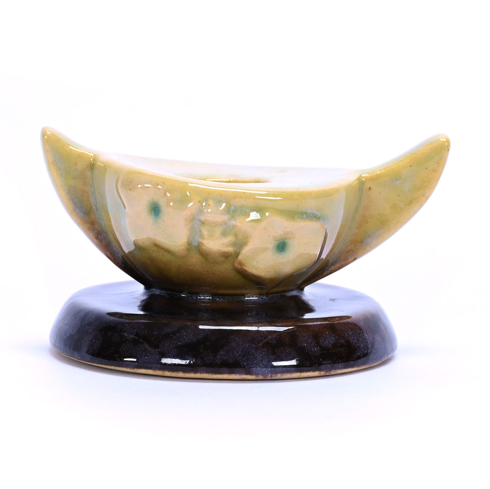 Candlestick Holder, Marked Roseville Art Pottery, #2cs1, Wincraft Pattern: Candlestick Holder, Marked Roseville Art Pottery, #2CS1, Wincraft Pattern, 2 x 4 x 3.25 Inches, Brown And Yellow Glaze, Circa 1948, 0.4 Pounds, Steve Williams Collection, Oklahoma.