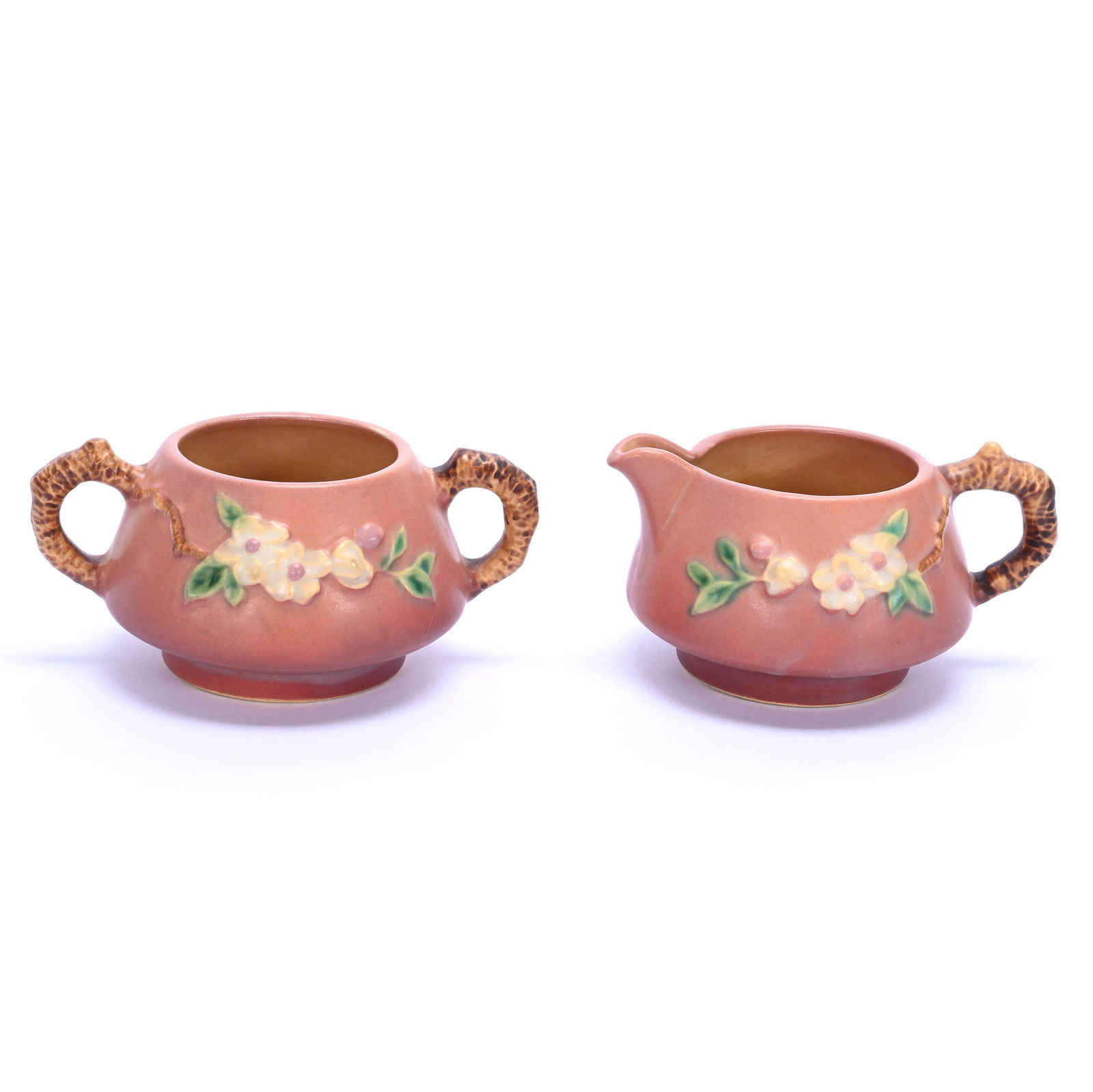 Creamer And Sugar, Marked Roseville Art Pottery, #371C&S: Creamer And Sugar, Marked Roseville Art Pottery #371C&S, 2.75 x 6 x 4.25 Inches, Apple Blossom Pattern, Pink Tones, Circa 1948, 1.1 Pounds, Steve Williams Collection, Oklahoma.
