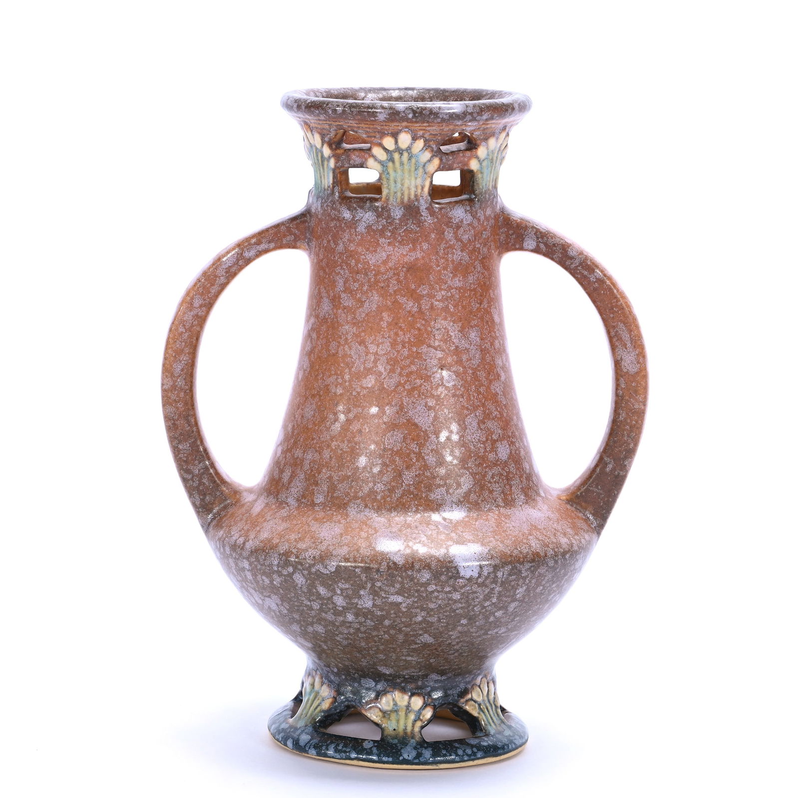Two Handled Vase, Unmarked Roseville Art Pottery: Two Handled Vase, Unmarked Roseville Art Pottery, 6.25 x 4.5 x 3.75 Inches, Ferella Pattern, Brown Tones, Circa 1930, 0.7 Pounds, Steve Williams Collection, Oklahoma.