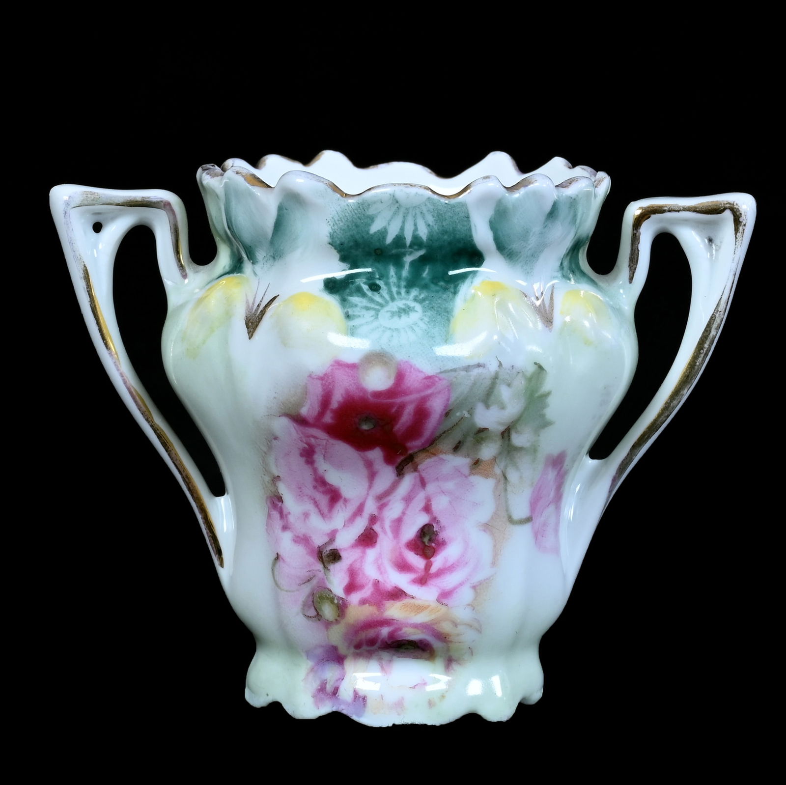 Two Handled Toothpick Holder, Marked R.S. Prussia, Iris Mold: Two Handled Toothpick Holder, Marked R.S. Prussia, Iris Mold, 2.25 x 3 x 2 Inches, Green Tones With Pink Poppy Decor, 0.1 Pounds, Marlene And The Late David Howard Collection, Ohio.