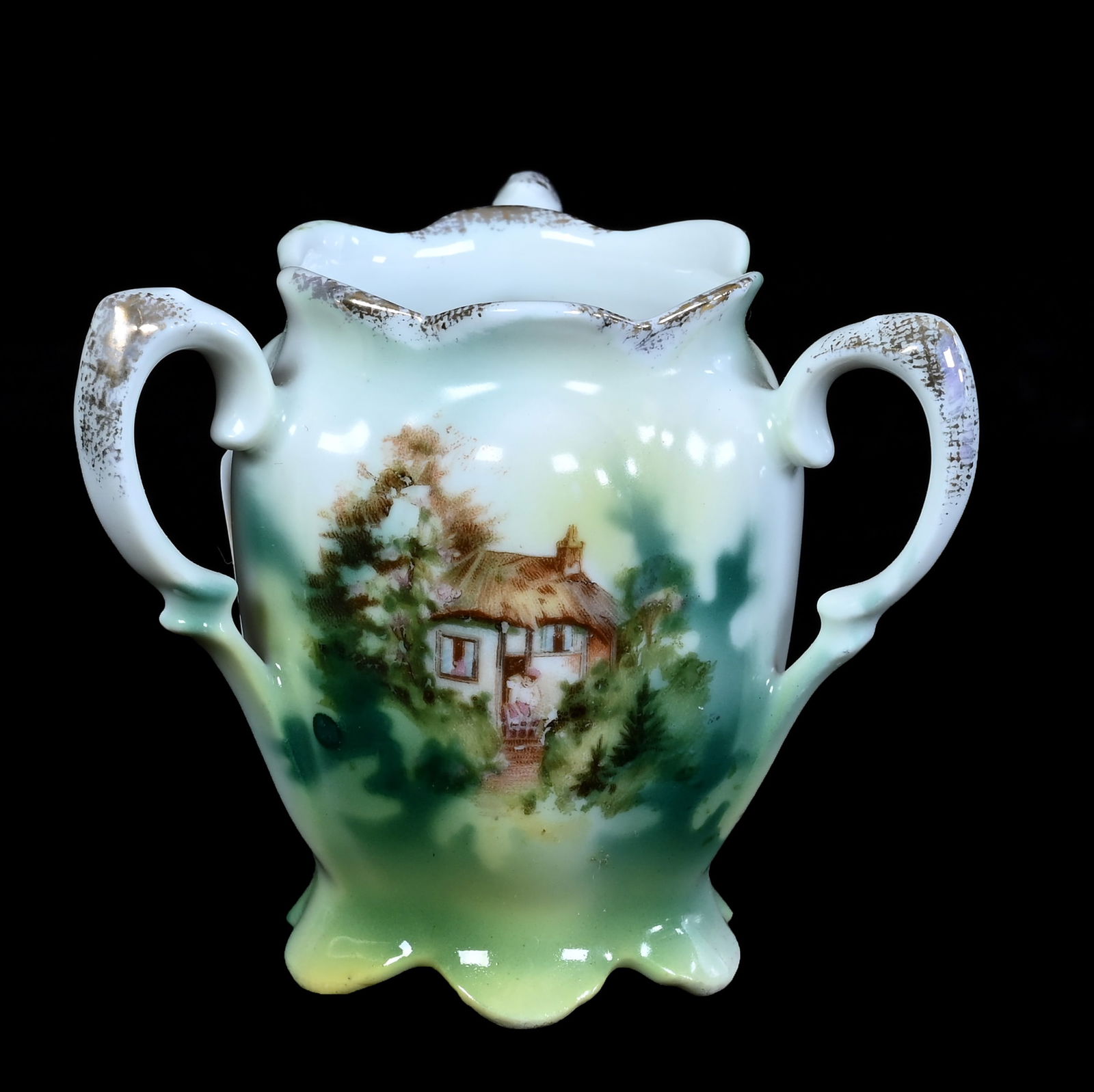 Three Handled Toothpick Holder, Unmarked R.S. Prussia: Three Handled Toothpick Holder, Unmarked R.S. Prussia, 2.5 x 3 x 3 Inches, Green, White And Yellow Tones With Cottage Scenic Decor, 0.1 Pounds, Marlene And The Late David Howard Collection, Ohio.