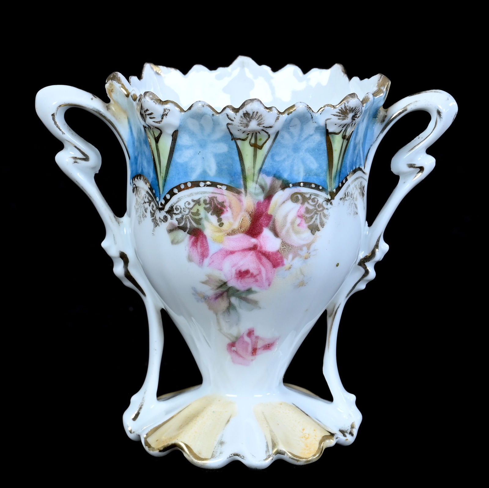 Pedestal Two Handled Toothpick Holder, Unmarked R.S. Prussia: Pedestal Two Handled Toothpick Holder, Unmarked R.S. Prussia, 2.75 x 3 x 2 Inches, White With Cream And Blue Trim, Rose Decor, 0.1 Pounds, Marlene And The Late David Howard Collection, Ohio.