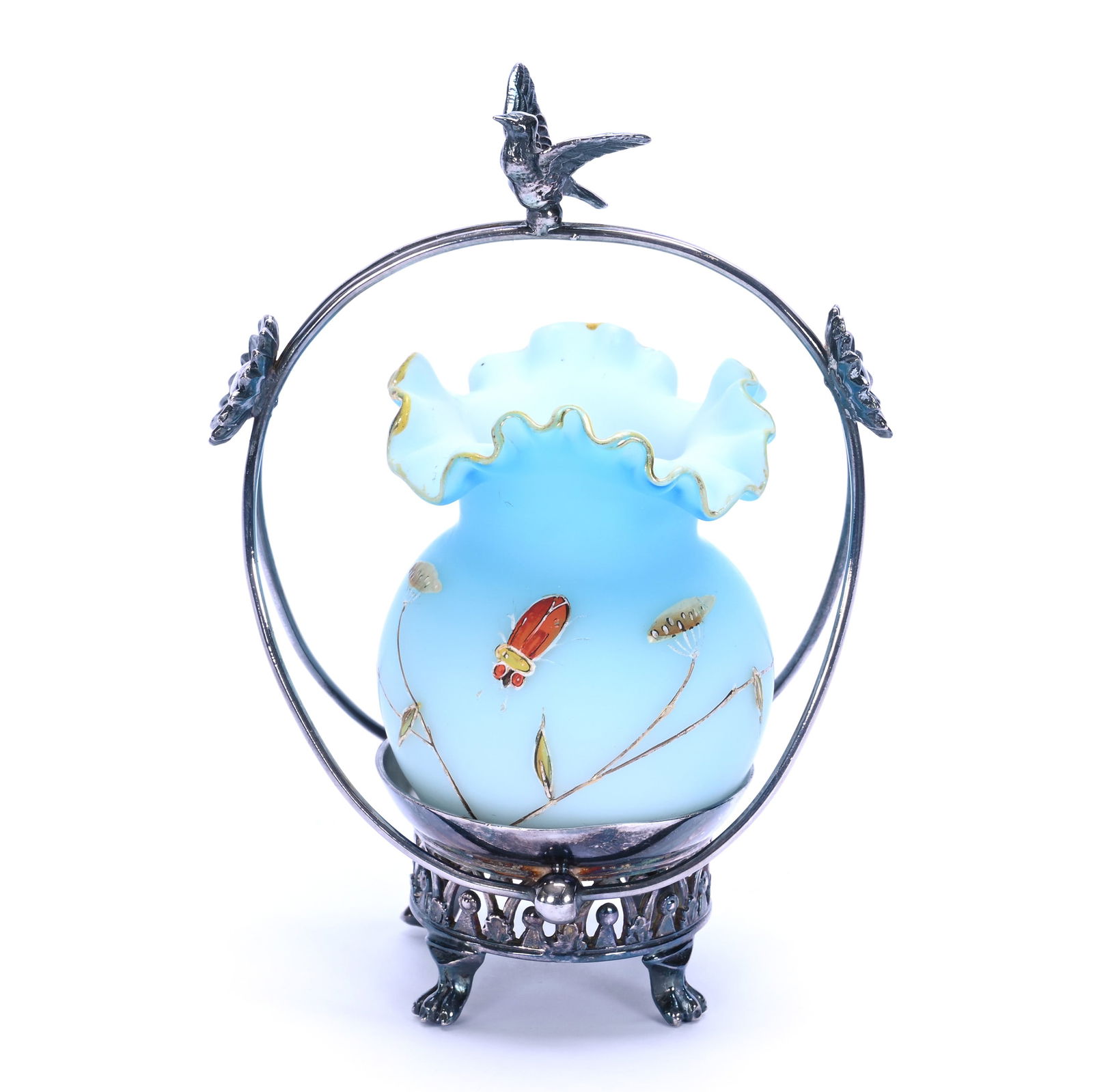 Vase/Toothpick Holder Mounted On Aurora Silverplate Frame #336: Vase/Toothpick Holder Mounted On Aurora Silverplate Frame #336, 5.75 x 4 x 2.25 Inches, Blue Satin Art Glass With Enamel Floral And Insect Decor, 0.6 Pounds, Marlene And The Late David Howard