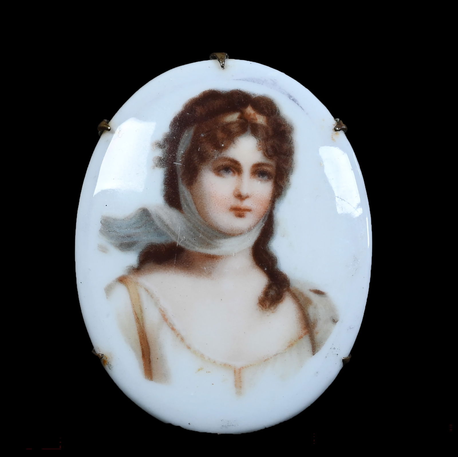 Brooch, Porcelain Medallion Featuring Queen Louisa: Brooch, Porcelain Medallion Featuring Queen Louisa, 2 x 1.5 x 0.125 Inches, 0.1 Pounds, Marlene And The Late David Howard Collection, Ohio.
