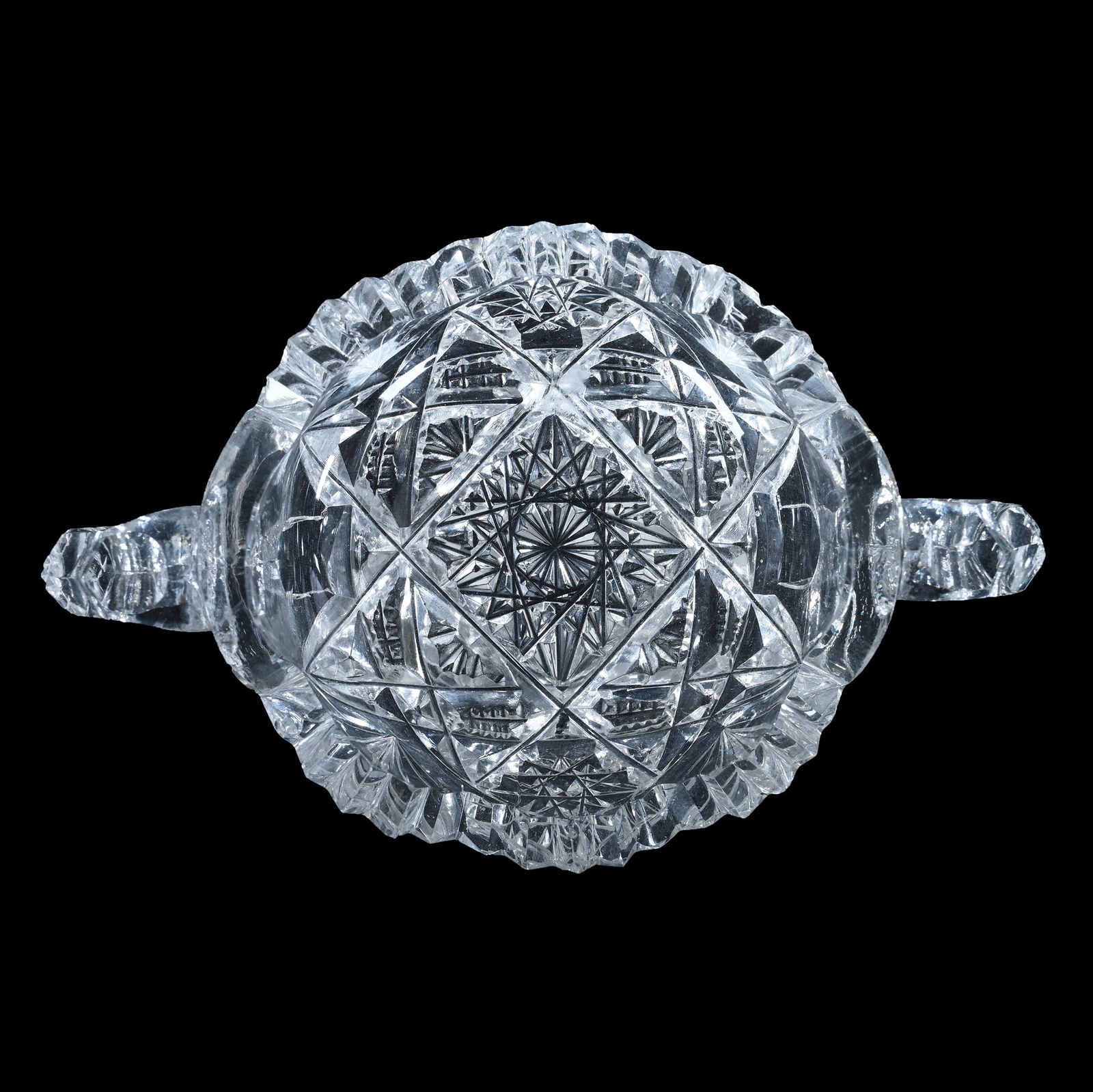 Two Handled Individual Salt Dip, American Brilliant Cut Glass: Two Handled Individual Salt Dip, American Brilliant Cut Glass, 1.25 x 4 x 2.5 Inches, Hobstar, Zipper, And Fan Motif, 0.2 Pounds, Marlene And The Late David Howard Collection, Ohio.