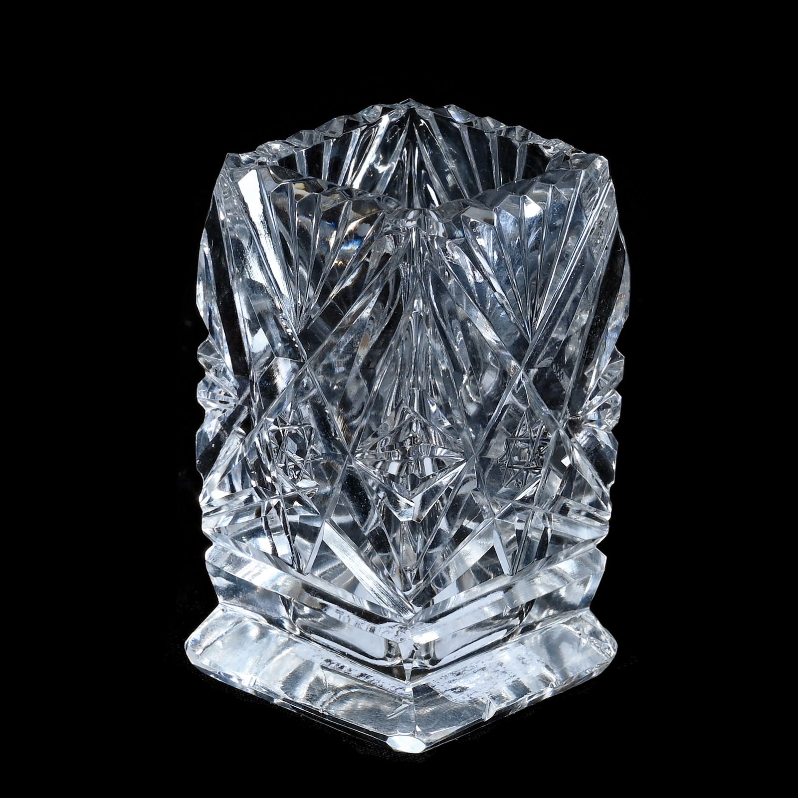 Square Toothpick Holder, American Brilliant Cut Glass: Square Toothpick Holder, American Brilliant Cut Glass, 2.75 x 1.5 x 1.5 Inches, Stylized Hobstar And Fan Motif, 0.3 Pounds, Marlene And The Late David Howard Collection, Ohio.