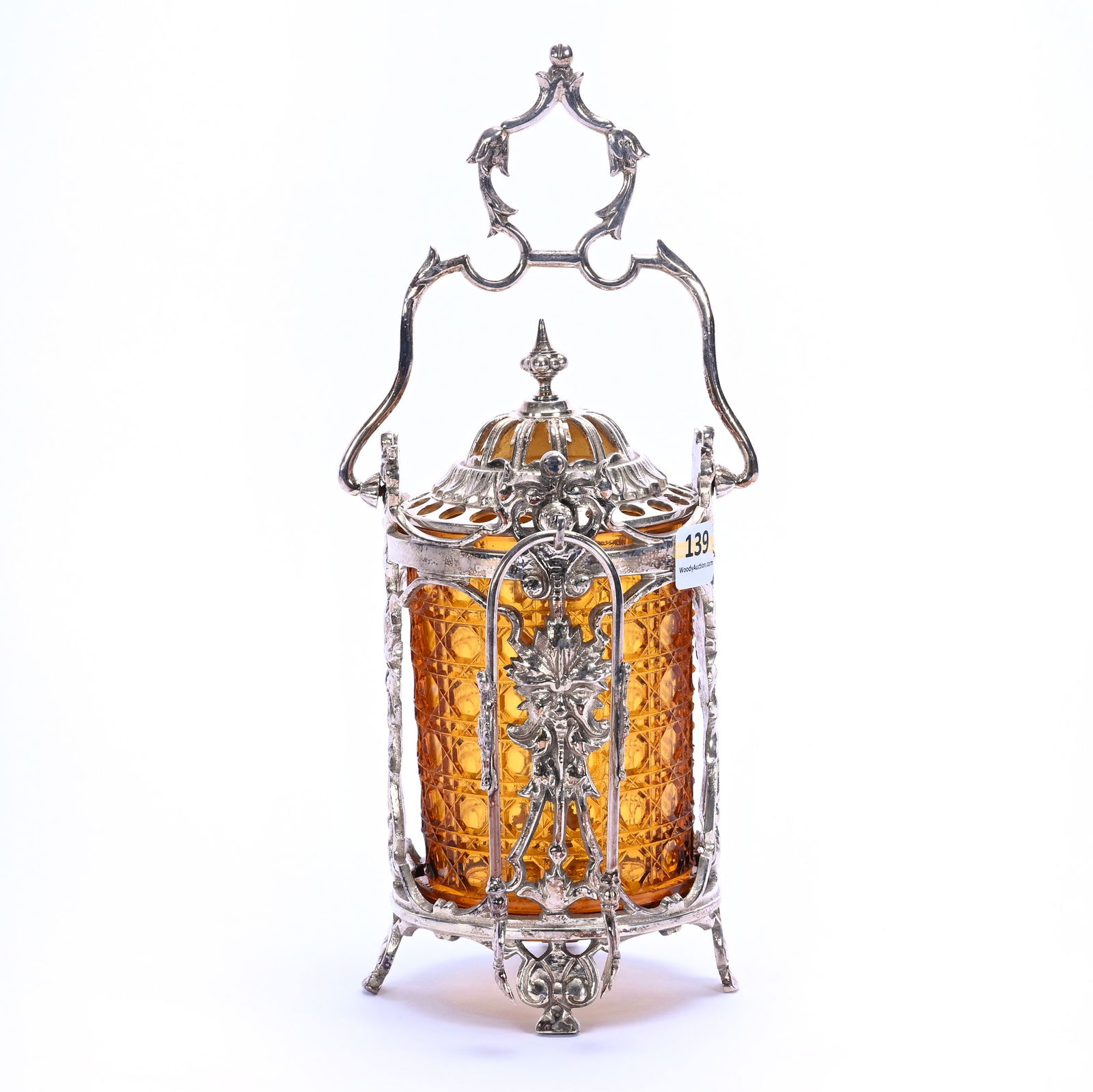 Victorian Pickle Castor: Victorian Pickle Castor, 7.5 x 4.25 x 4.25 Inches, Solid Amber Cane Pattern Insert Set On Unmarked Silverplate Frame, Total Height With Handle Upright Is 10.75", 2.3 Pounds, Marlene And The Late David
