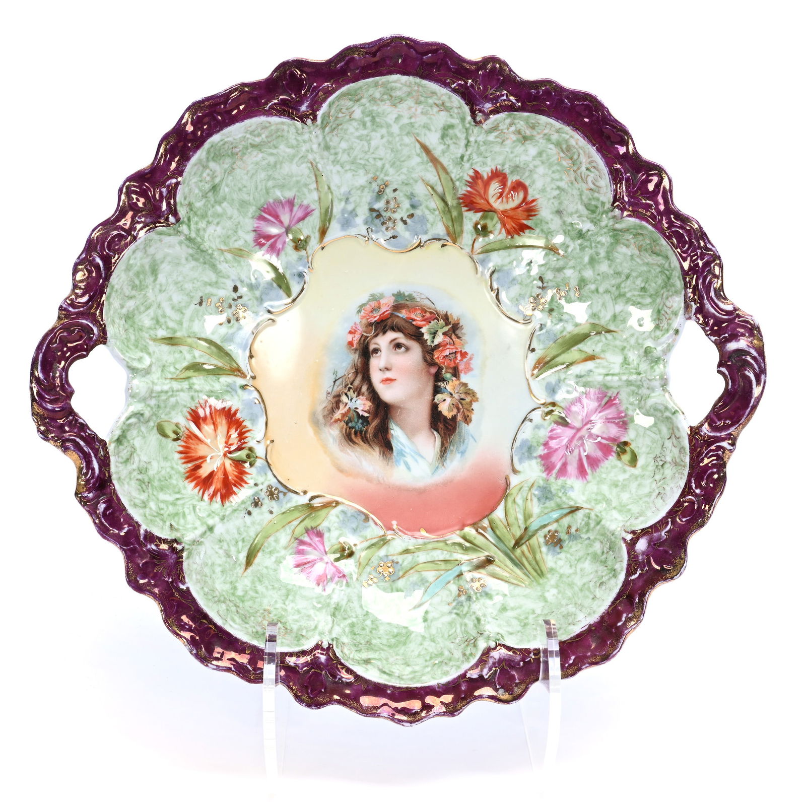Two Handled Bowl Marked Royal Saxe: Two Handled Bowl Marked Royal Saxe, 11.5 x 11 x 2.75 Inches, Portrait Of Young Women, Green Marble Background, Lavender Border, Floral Highlights, 1.5 Pounds, Colorado Private Collection.