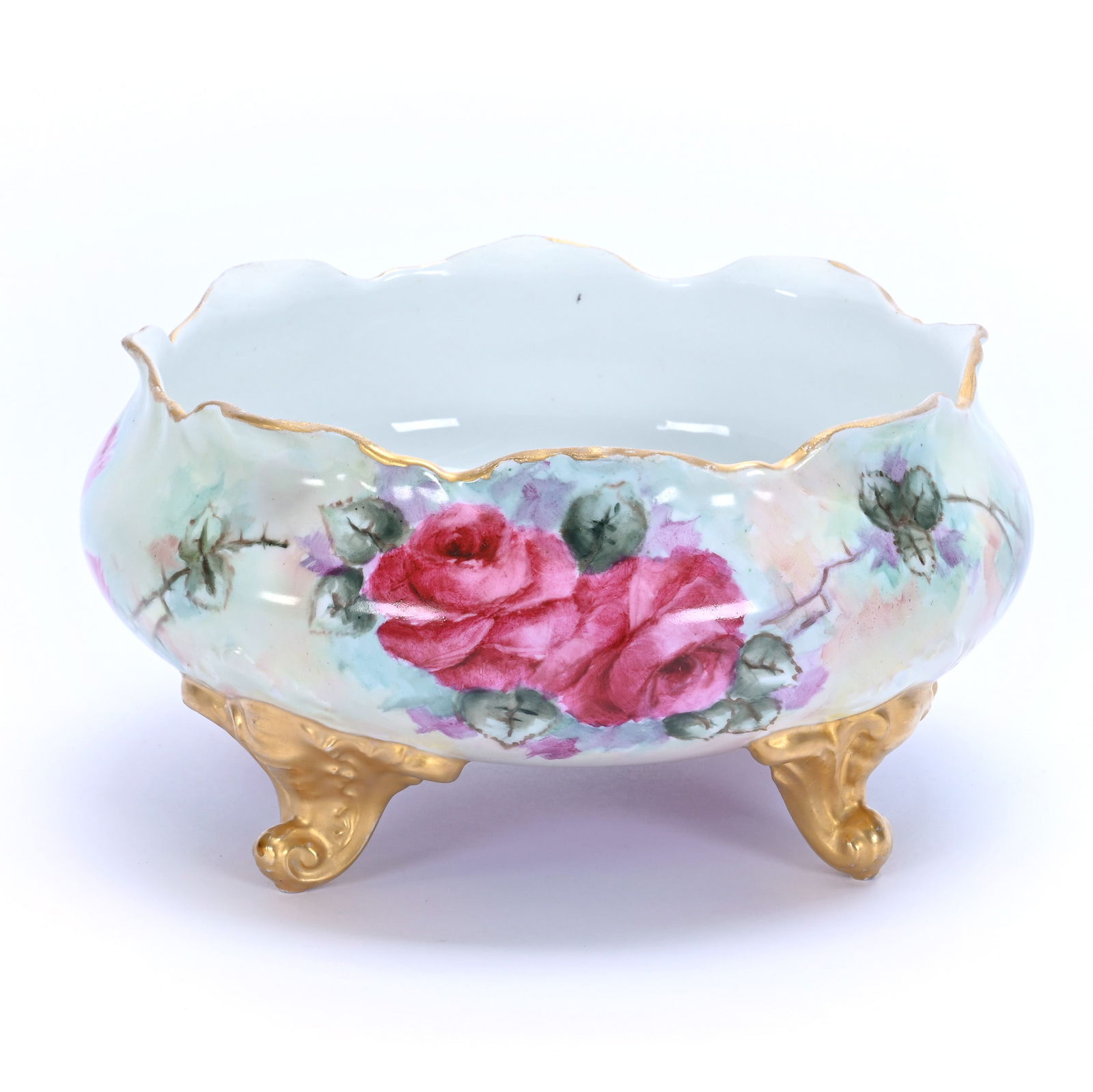 Footed Fern Holder, Marked Elite Limoges: Footed Fern Holder, Marked Elite Limoges, 9 x 9 x 4.5 Inches, Green, Yellow, And Pink Background With Pink Rose Decor, 2.1 Pounds, Colorado Private Collection.