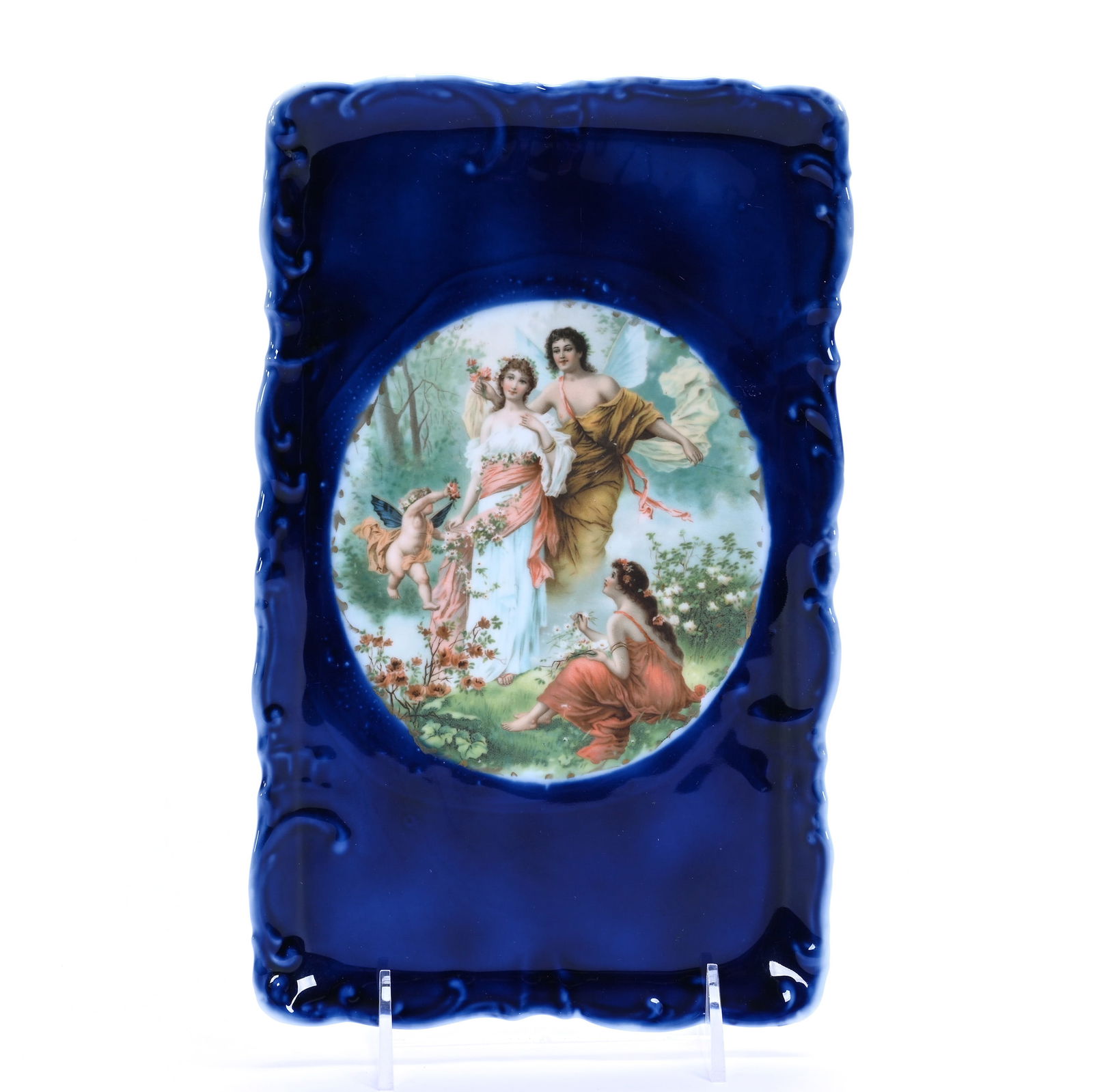 Dresser Tray, Marked Dresden Prussia: Dresser Tray, Marked Dresden Prussia, 10.75 x 6.5 x 0.5 Inches, Cobalt Blue With Scene Of Women And Nymphs In Floral Field, 0.9 Pounds, Colorado Private Collection.