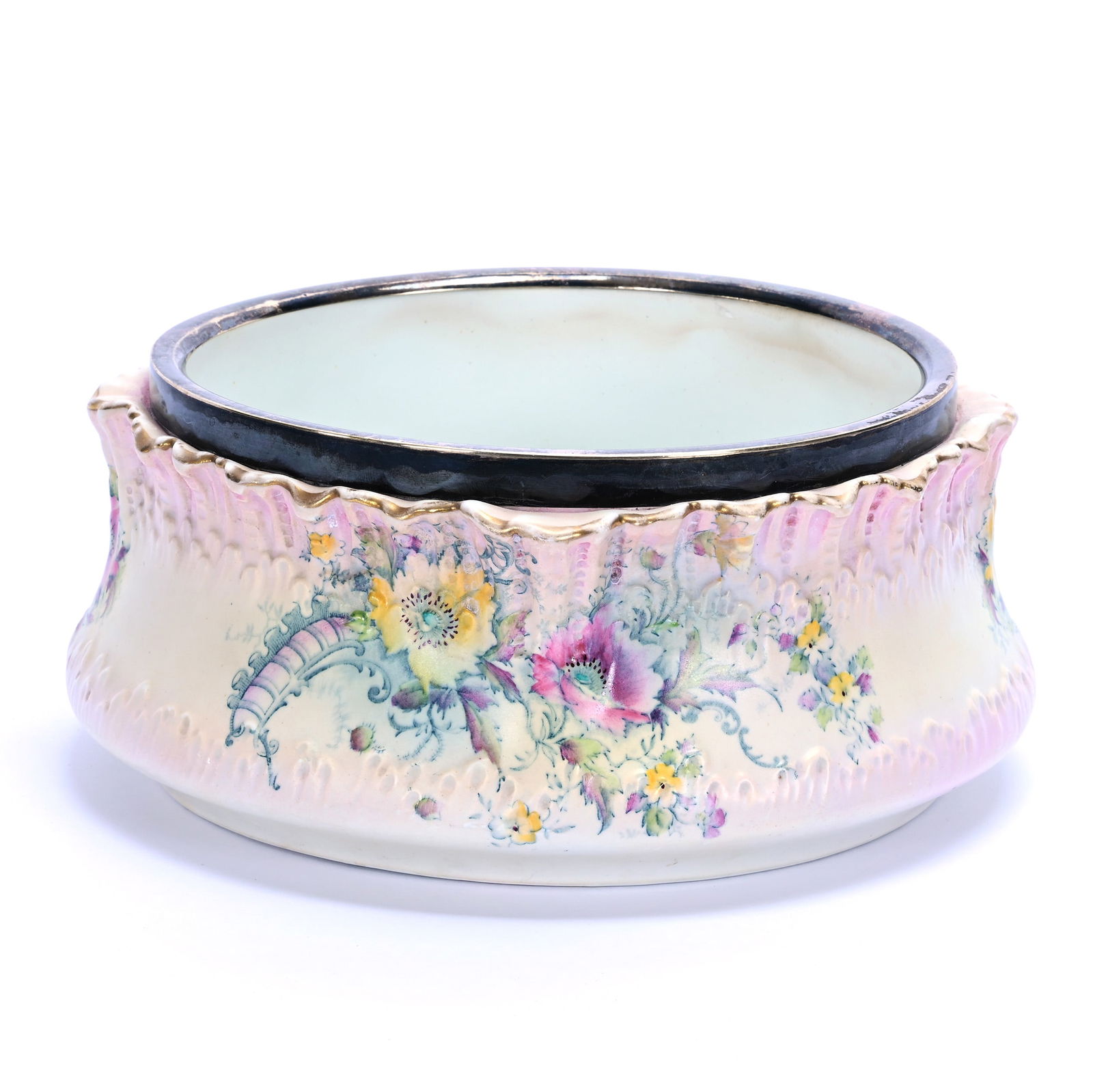 Fern Holder, Marked Arvista: Fern Holder, Marked Arvista, 4.25 x 9.5 x 9.5 Inches, Pink And Cream Tones With Poppy Floral Decor, Silverplate Rim, 2.8 Pounds, Colorado Private Collection.