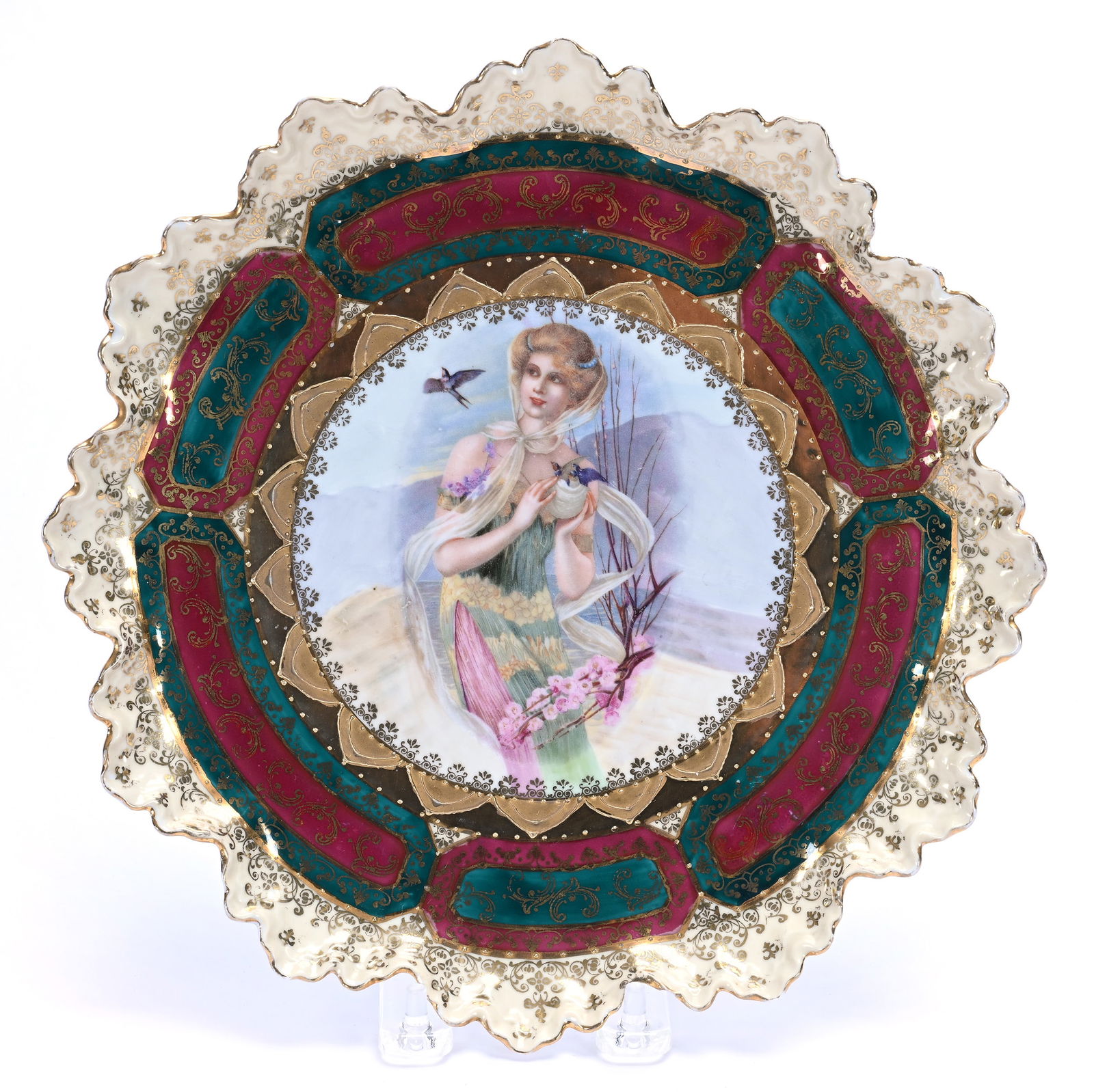 Round Tray, Marked Prov Saxe: Round Tray, Marked Prov Saxe, 10 x 10 x 0.75 Inches, Scenic Portrait Of Woman And Bluebirds, Classic Maroon And Green Border With Extensive Gold Stencil Highlights, 0.8 Pounds, Colorado Private