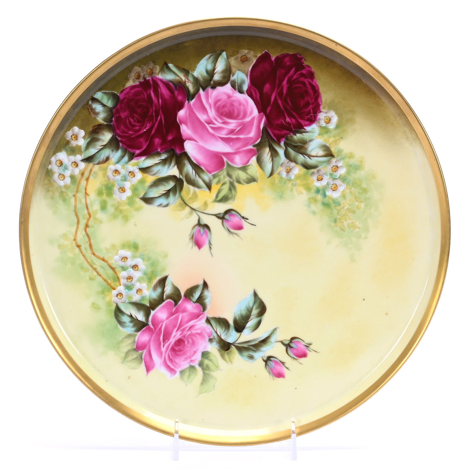 Round Tray, Marked T&V Limoges: Round Tray, Marked T&V Limoges, 13.5 x 13.5 x 0.5 Inches, Yellow And Green Tones With Pink And Red Rose Decor, Artist Signed Leroy, 2.4 Pounds, Colorado Private Collection.