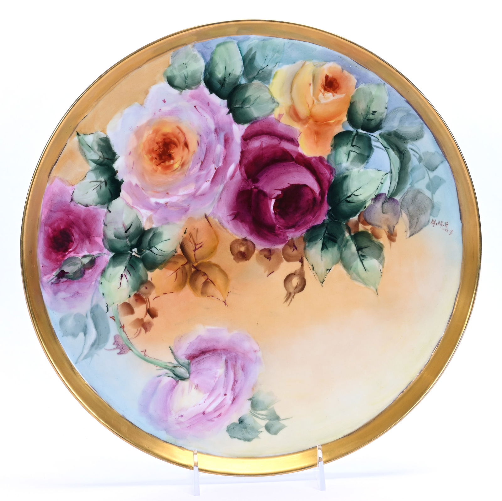Round Tray, Marked T&V Limoges: Round Tray, Marked T&V Limoges, 13.5 x 13.5 x 0.5 Inches, Brown, Yellow, And Blue Tones With Pink And Yellow Rose Decor, Artist Signed MMR, Dated 1908, 2.4 Pounds, Colorado Private Collection.