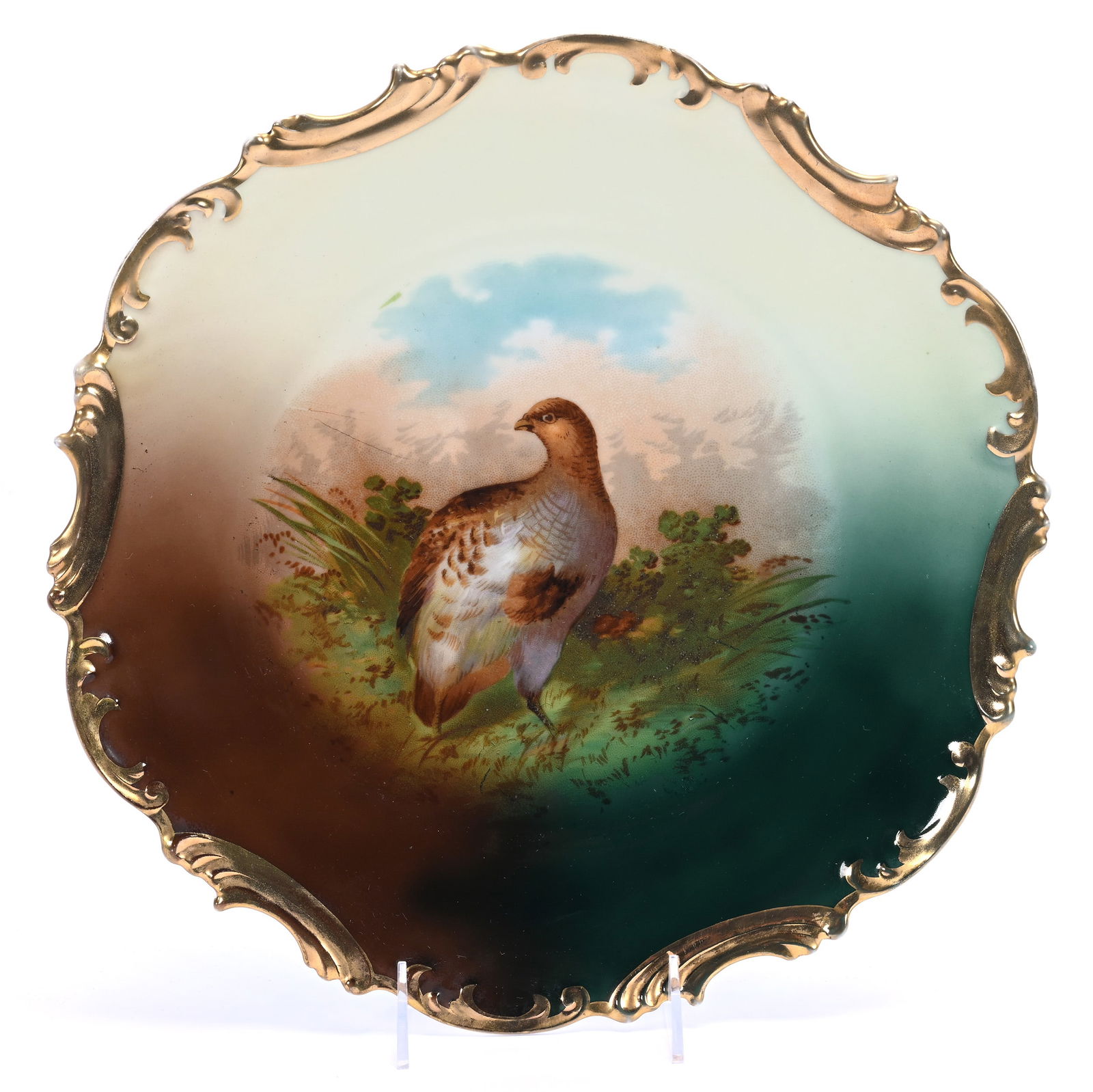 Charger, Marked Royal Munich Bavaria: Charger, Marked Royal Munich Bavaria, 13.5 x 13.5 x 1.25 Inches, Green, Brown, And Yellow Tones With Quail Scenic Decor, Heavy Gold Trim, 2.1 Pounds, Colorado Private Collection.