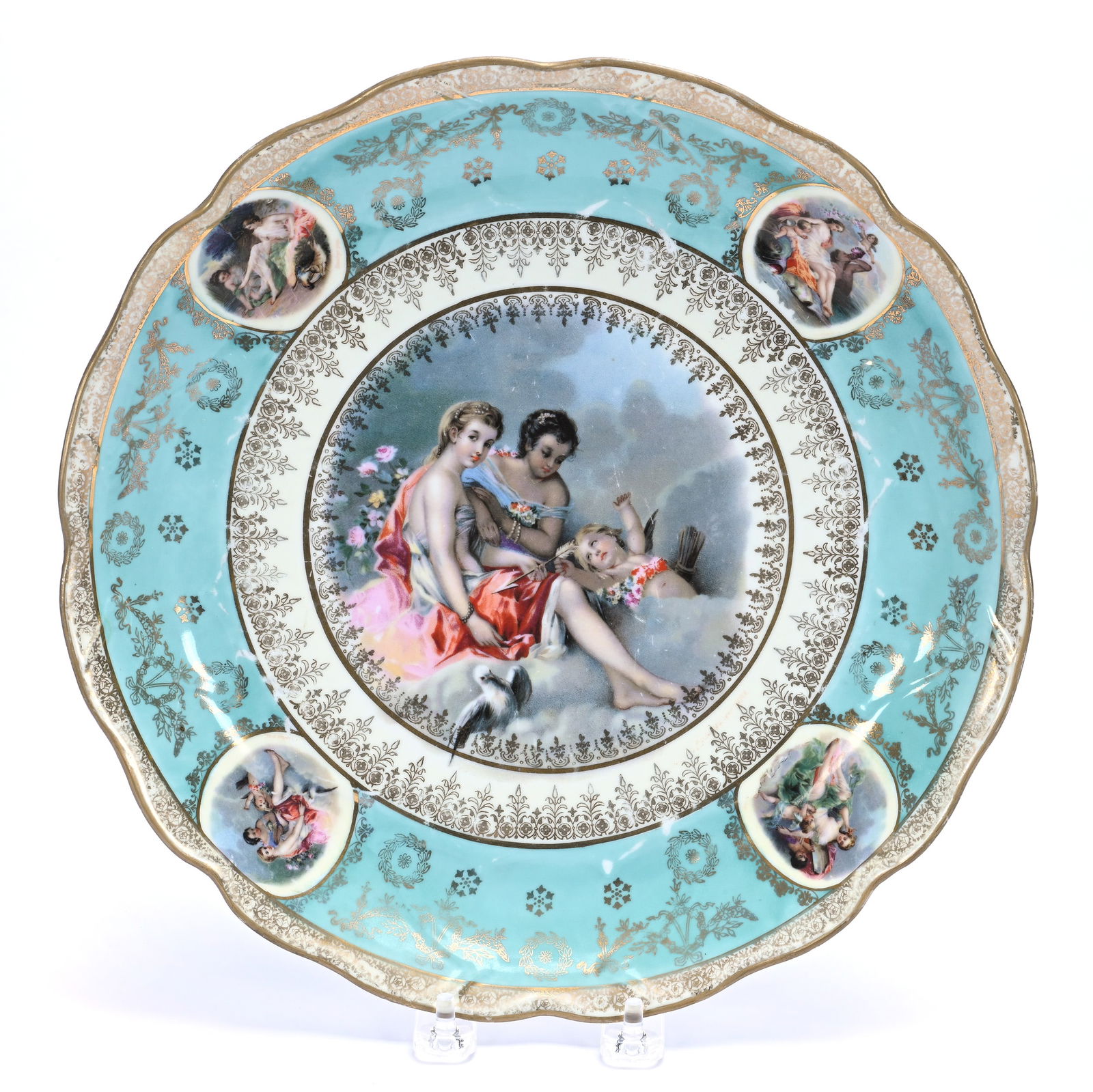 Charger, Marked St. Killian: Charger, Marked St. Killian, 11.25 x 11.25 x 2.75 Inches, Turquoise Border With Classic Medallion Scenes Of Women And Cherubs, Gold Stencil Highlights, Some Stack Marks, 1.8 Pounds, Colorado Private