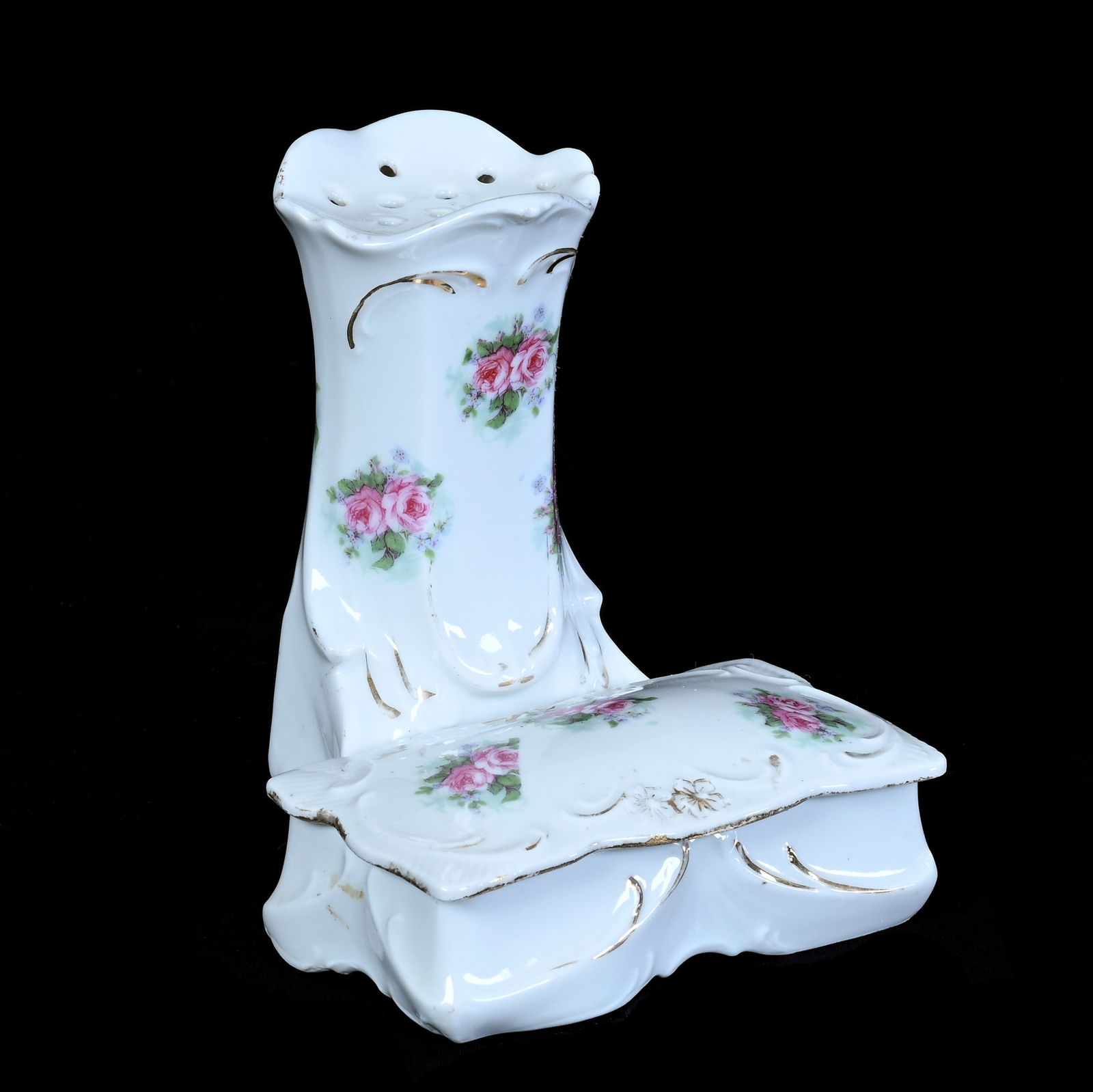 Hatpin Holder With Attached Pin Box, Marked R.S. Prussia: Hatpin Holder With Attached Pin Box, Marked R.S. Prussia, 4.5 x 4 x 4.25 Inches, White With Pink Rose Decor, 0.5 Pounds, Colorado Private Collection.