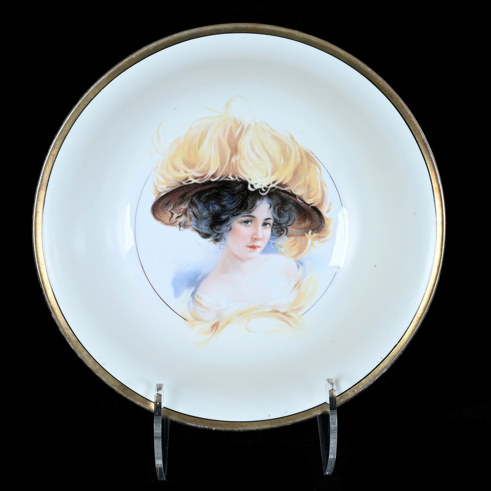 Bowl, Prussia Griffin Mark: Bowl, Prussia Griffin Mark, 10 x 10 x 2.75 Inches, Gibson Girl Portrait, Gold Trim, 1.2 Pounds, Colorado Private Collection.