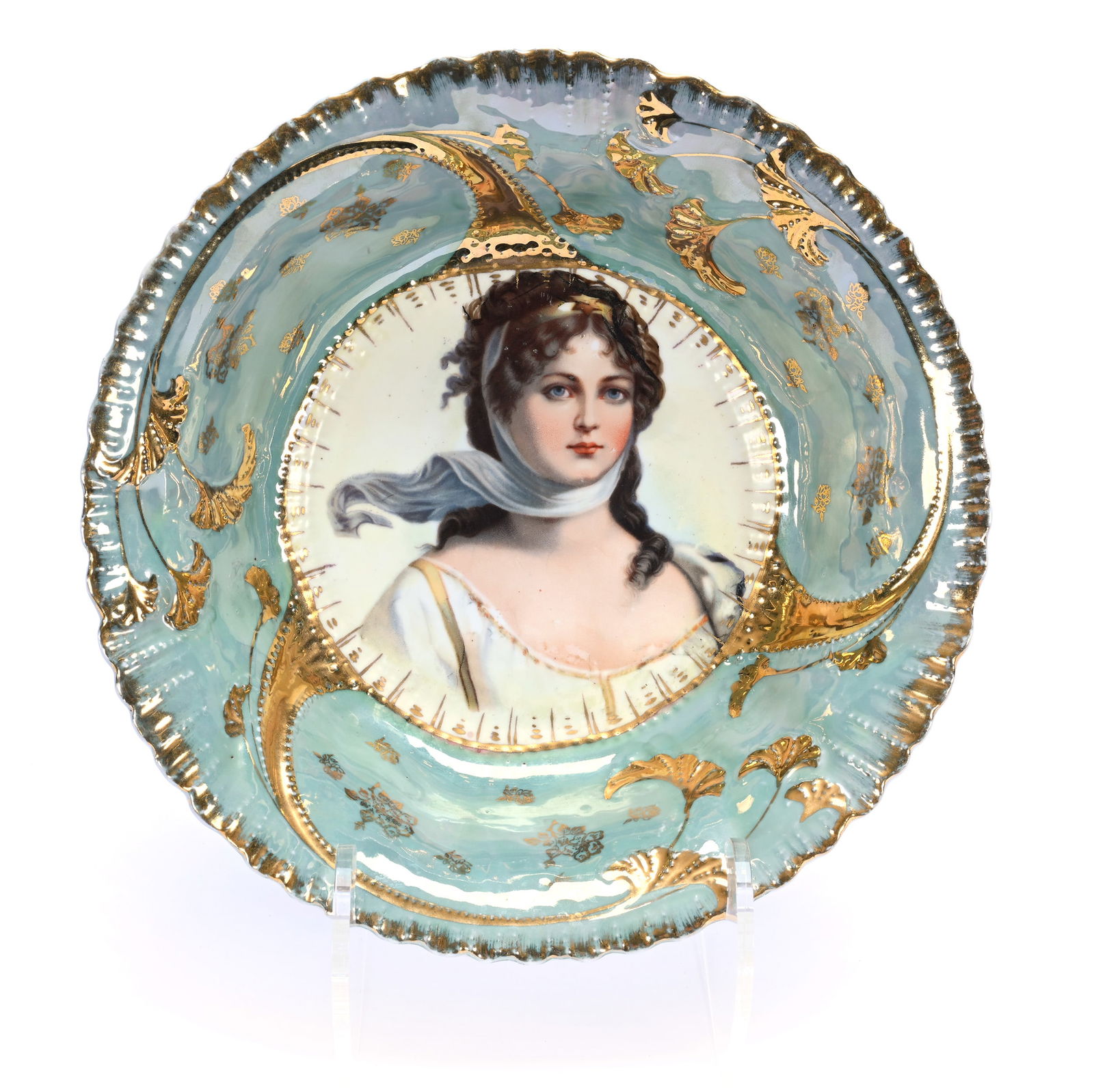 Bowl, Unmarked St Killian: Bowl, Unmarked St Killian, 9.75 x 9.75 x 2.75 Inches, Queen Louisa Portrait With Turquoise Luster Border And Bright Gold Highlights, 1.2 Pounds, Colorado Private Collection.