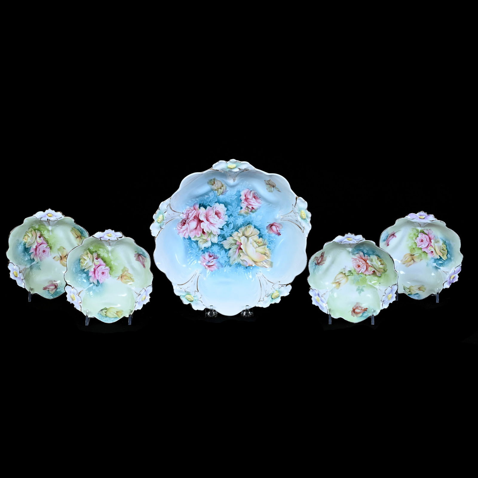Berry Set, Unmarked R.S. Prussia, Lily Mold: Berry Set, Unmarked R.S. Prussia, Lily Mold, (1) 10" x 10" x 2.75 Master, Blue And White Tones With Rose Decor, (4) 5.75" Berry Bowls, Green And Blue Tones With Rose Decor, 2 Pounds, Colorado Private
