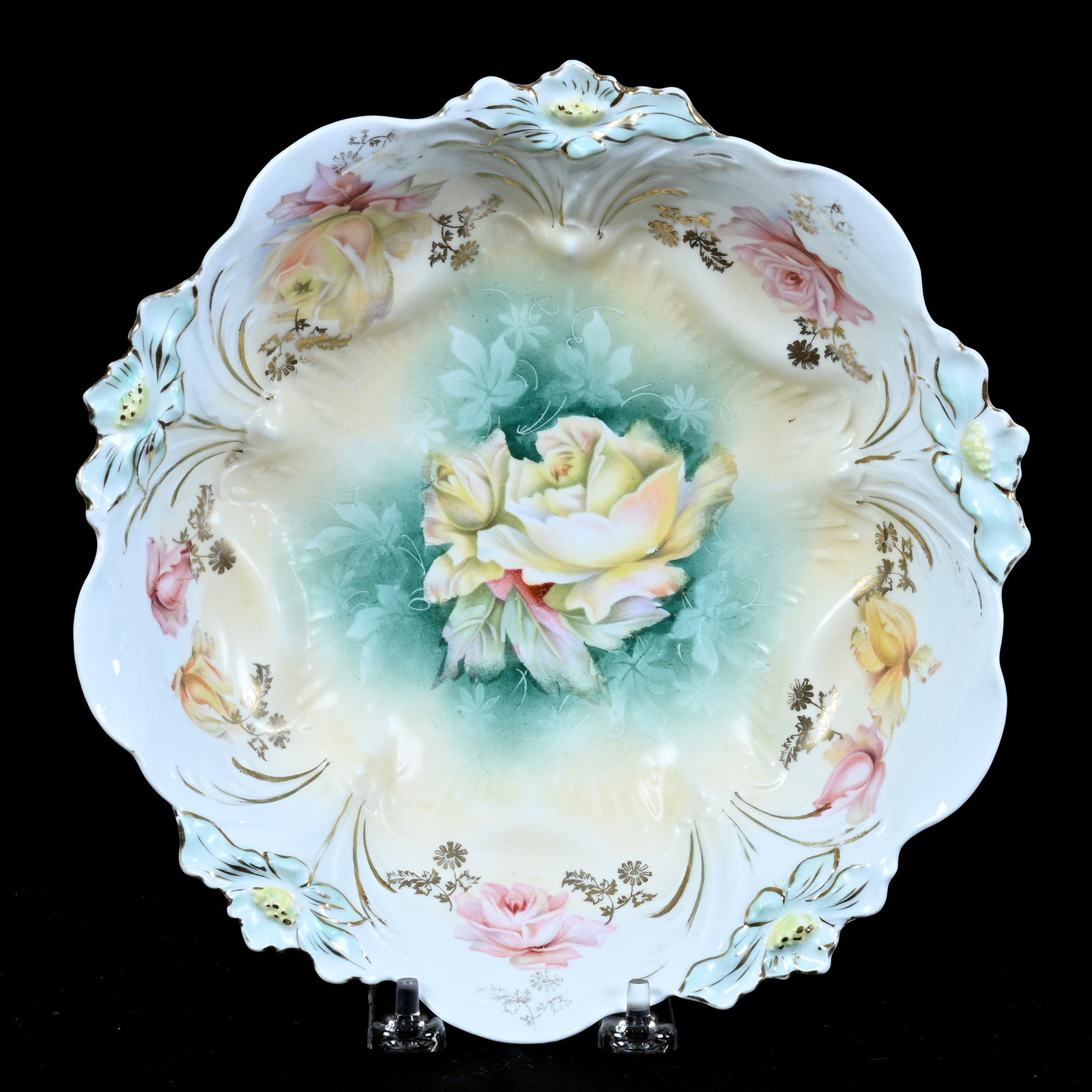 Bowl, Unmarked R.S. Prussia, Lily Mold: Bowl, Unmarked R.S. Prussia, Lily Mold, 9.25 x 9.25 x 2.5 Inches, Green, Cream, And White Tones With Rose Decor, 0.9 Pounds, Colorado Private Collection.