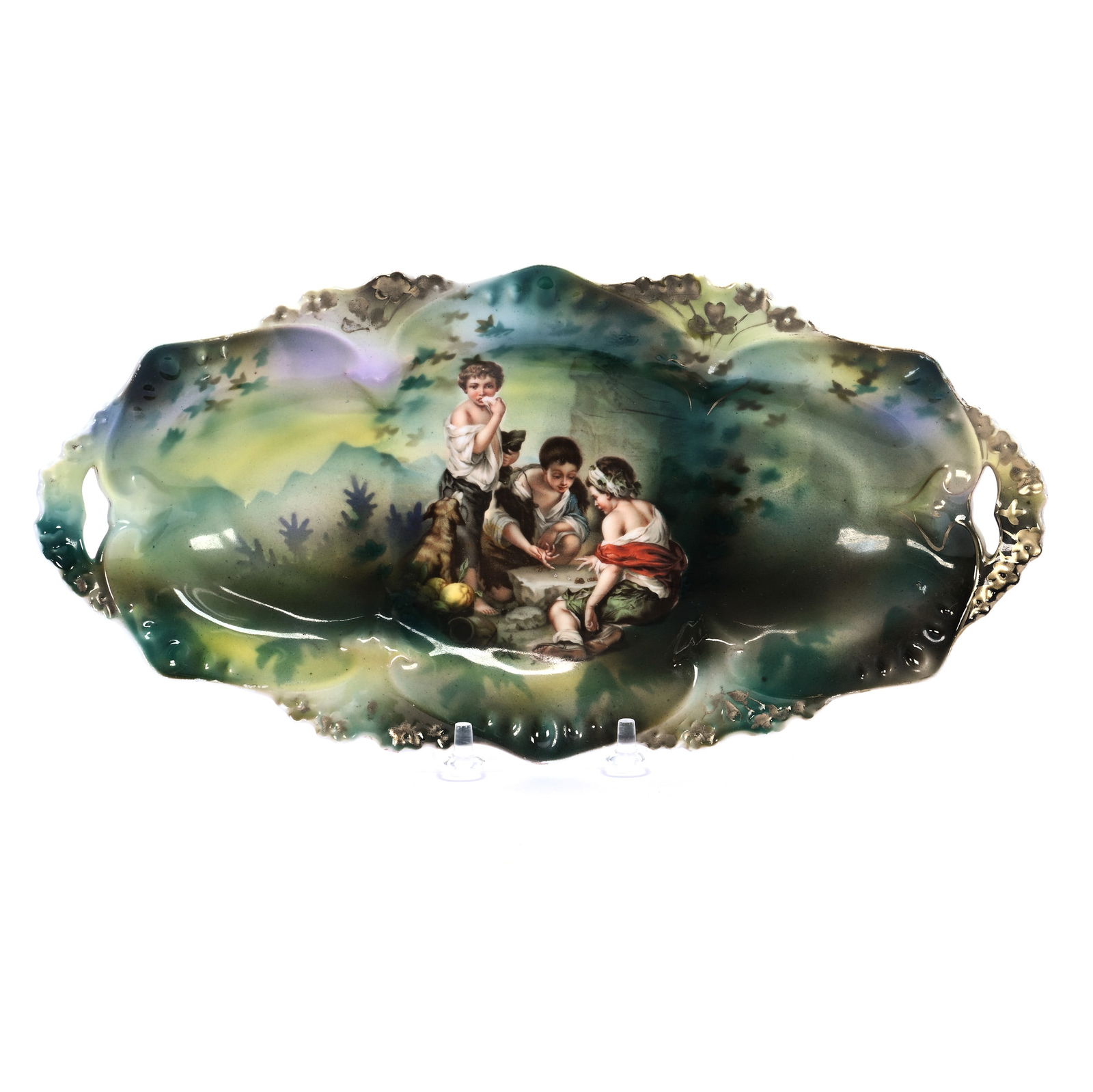 Celery Tray, Marked R.S. Prussia: Celery Tray, Marked R.S. Prussia, 12.25 x 6 x 1.75 Inches, Point And Clover Mold, Green And Yellow Tones With Dice Thrower Scenic Decor, 0.7 Pounds, Colorado Private Collection.